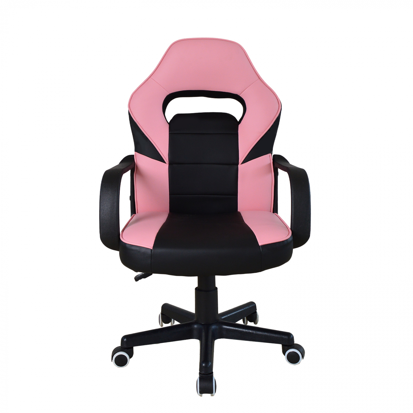 Een roze en zwarte gamingstoel met hoge rugleuning en armleuningen. Zwarte basis.