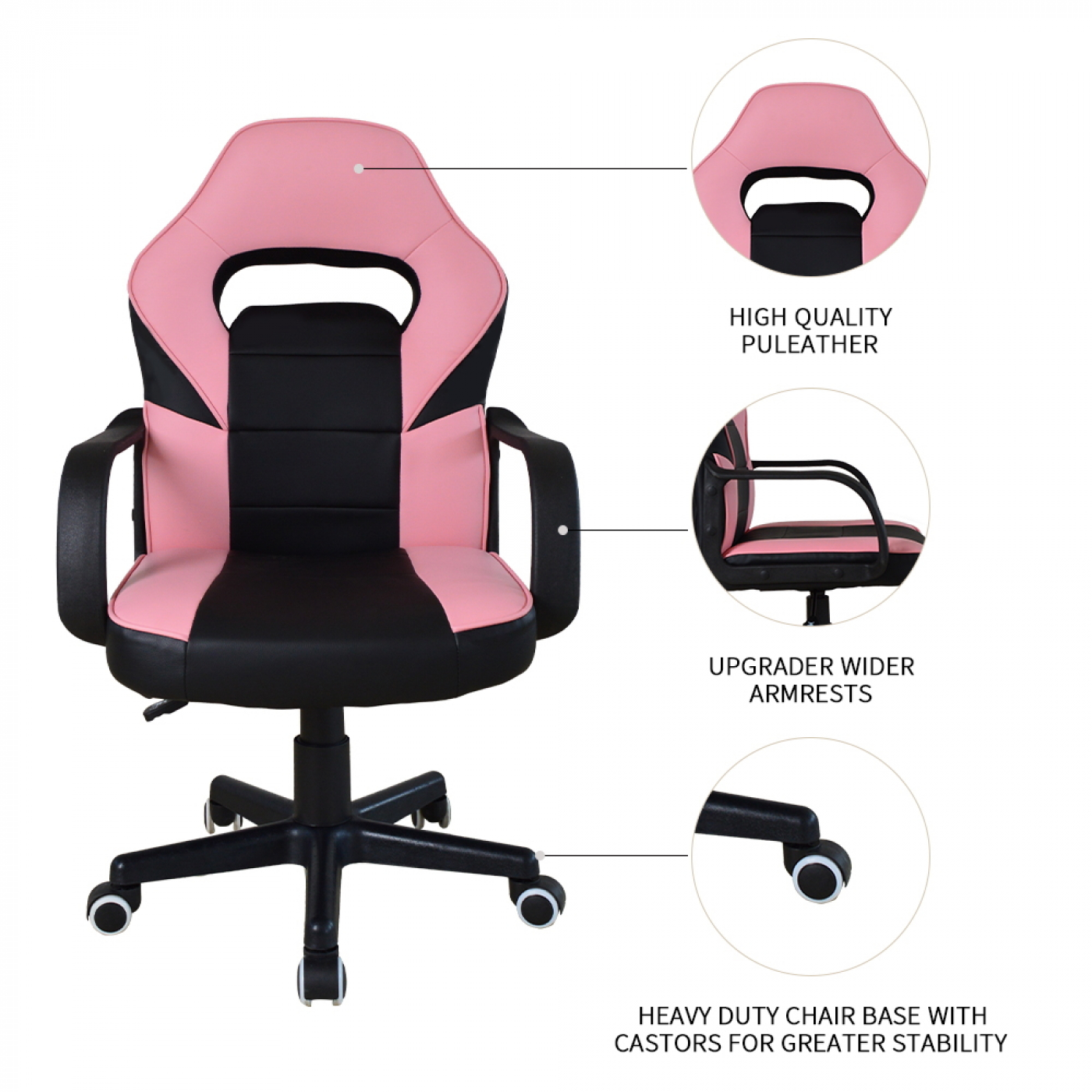 Roze en zwarte gamingstoel met labels: 'Hoogwaardig PU leer' en 'Zware stoelbasis'.