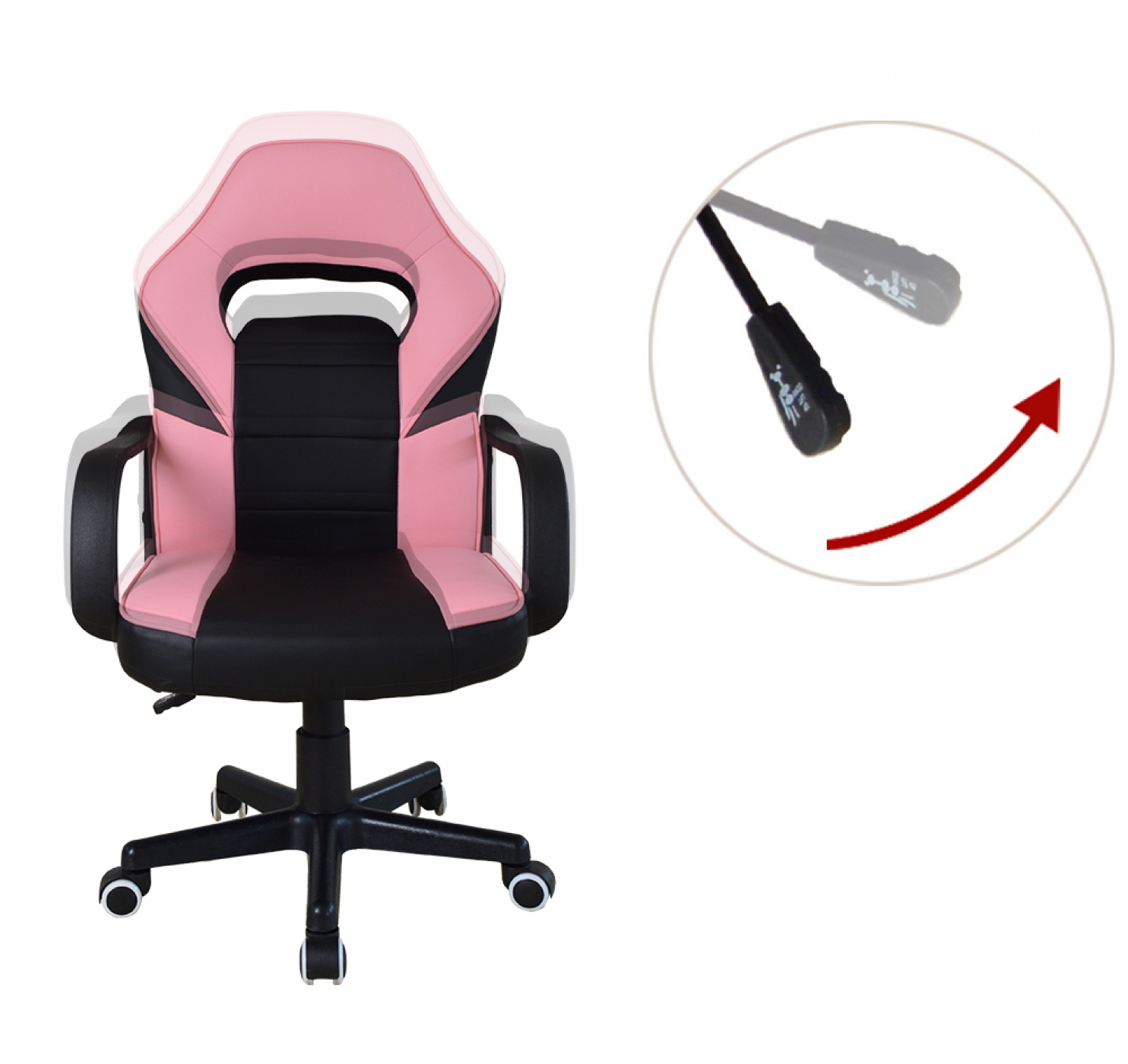 Roze en zwarte gaming stoel. Kantelhendel en pijlgrafiek.