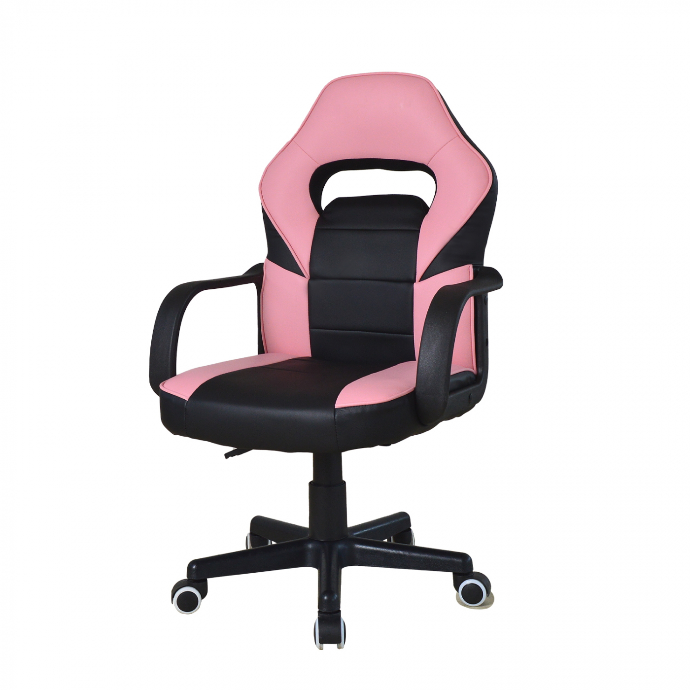 Roze en zwarte gaming stoel. Toont rugleuning, zitting, armleuningen en wielen. Witte achtergrond. Ergonomisch ontwerp.
