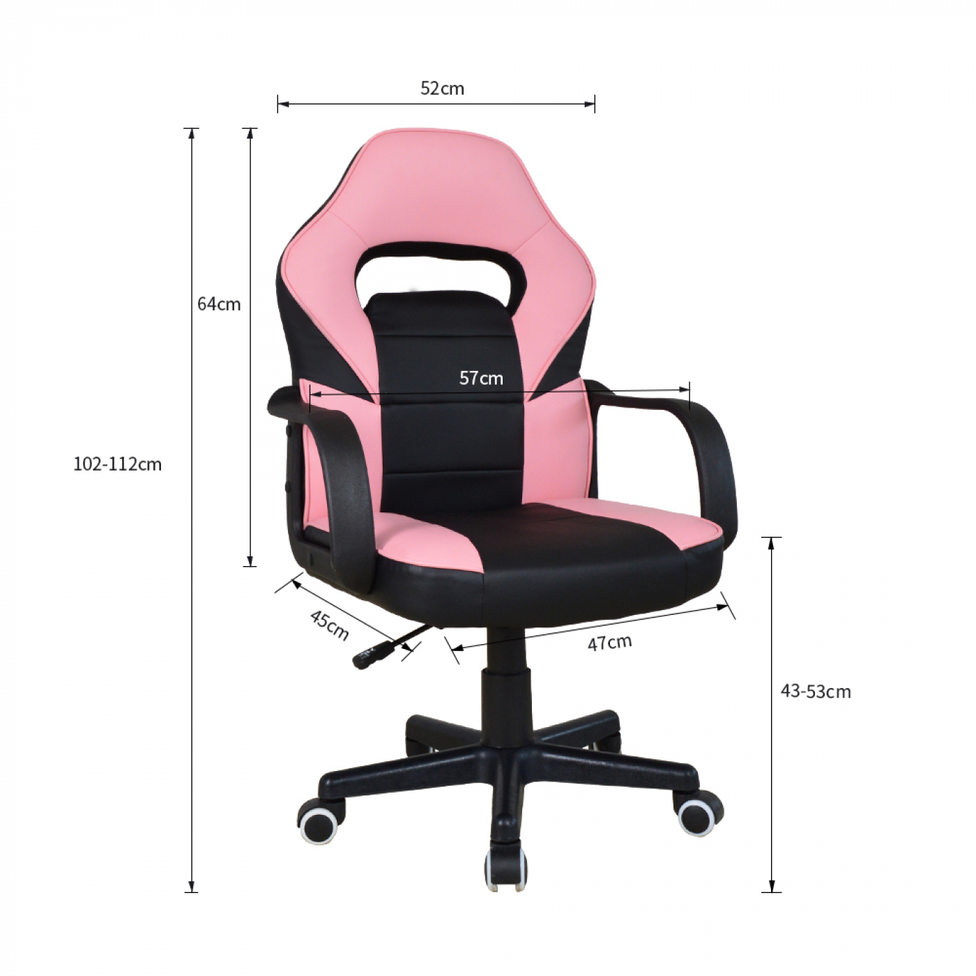 Roze en zwarte gamingstoel. Toont afmetingen, inclusief hoogte- en breedte details.