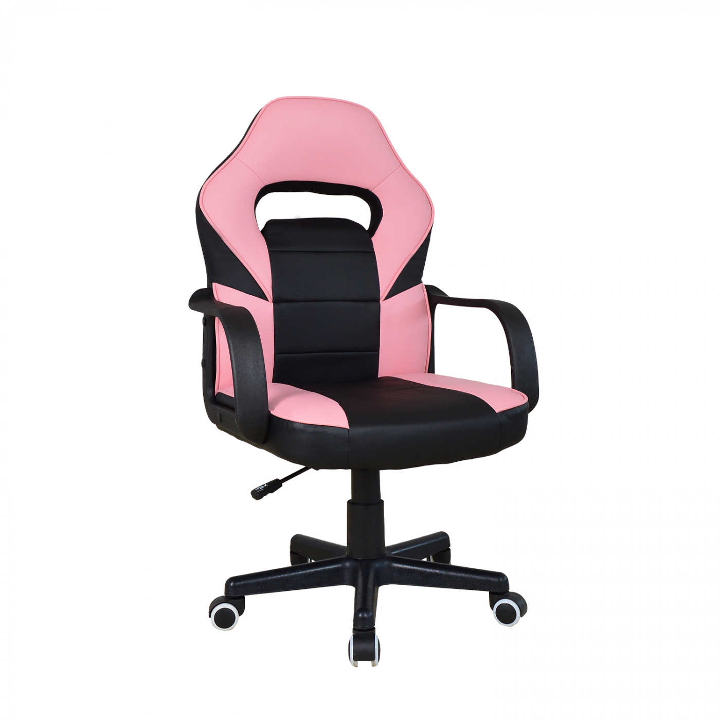 Roze en zwarte gamingstoel met een zwarte voet en wielen.