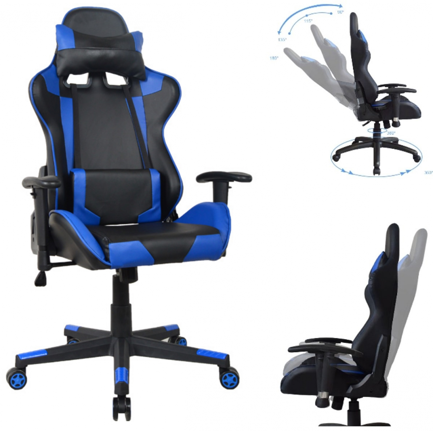 Een blauw-zwarte gamestoel met meerdere weergaven van instelmogelijkheden.