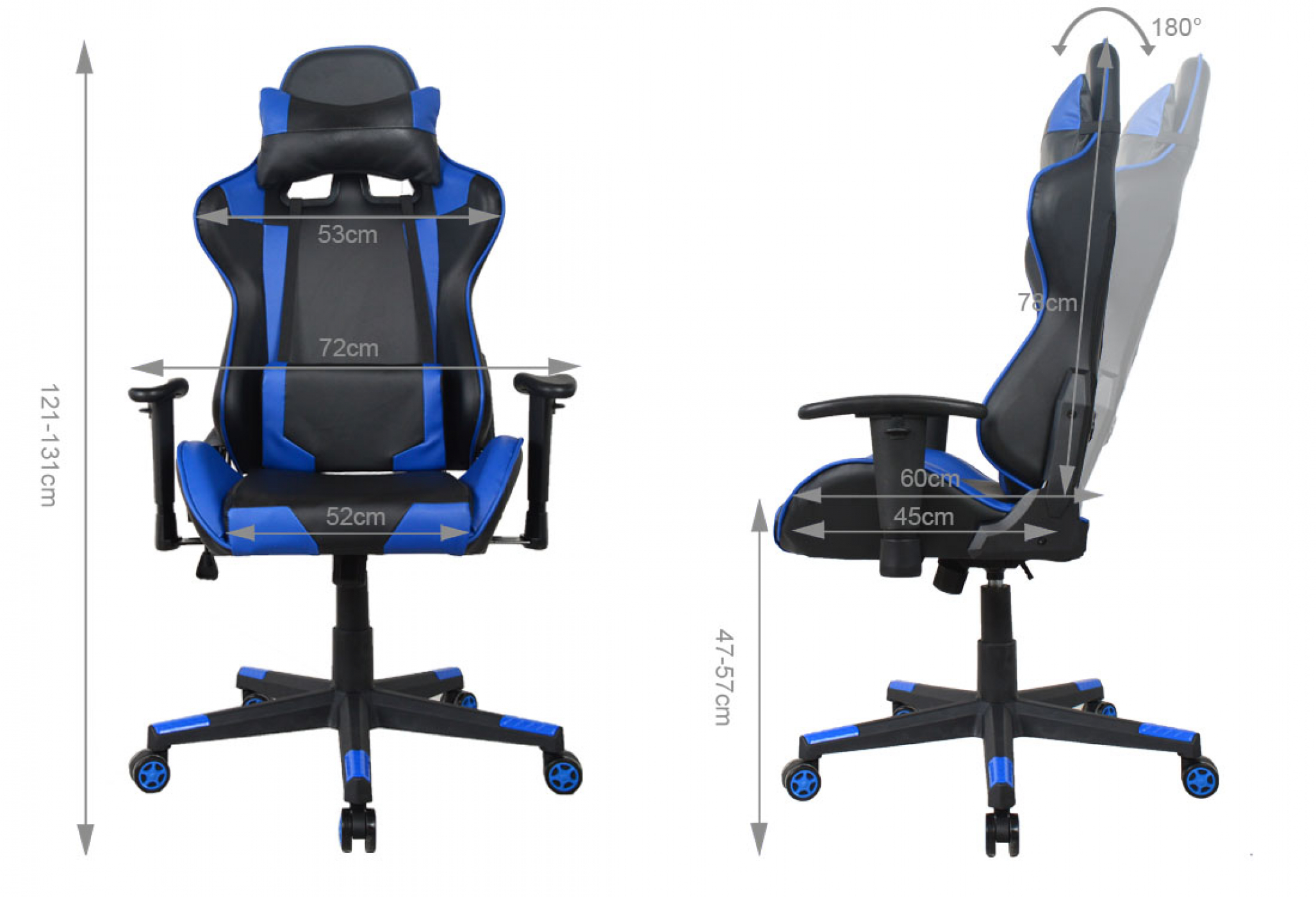 Een gamingstoel met afmetingen en hoeken op een witte achtergrond. Hij is zwart en blauw.