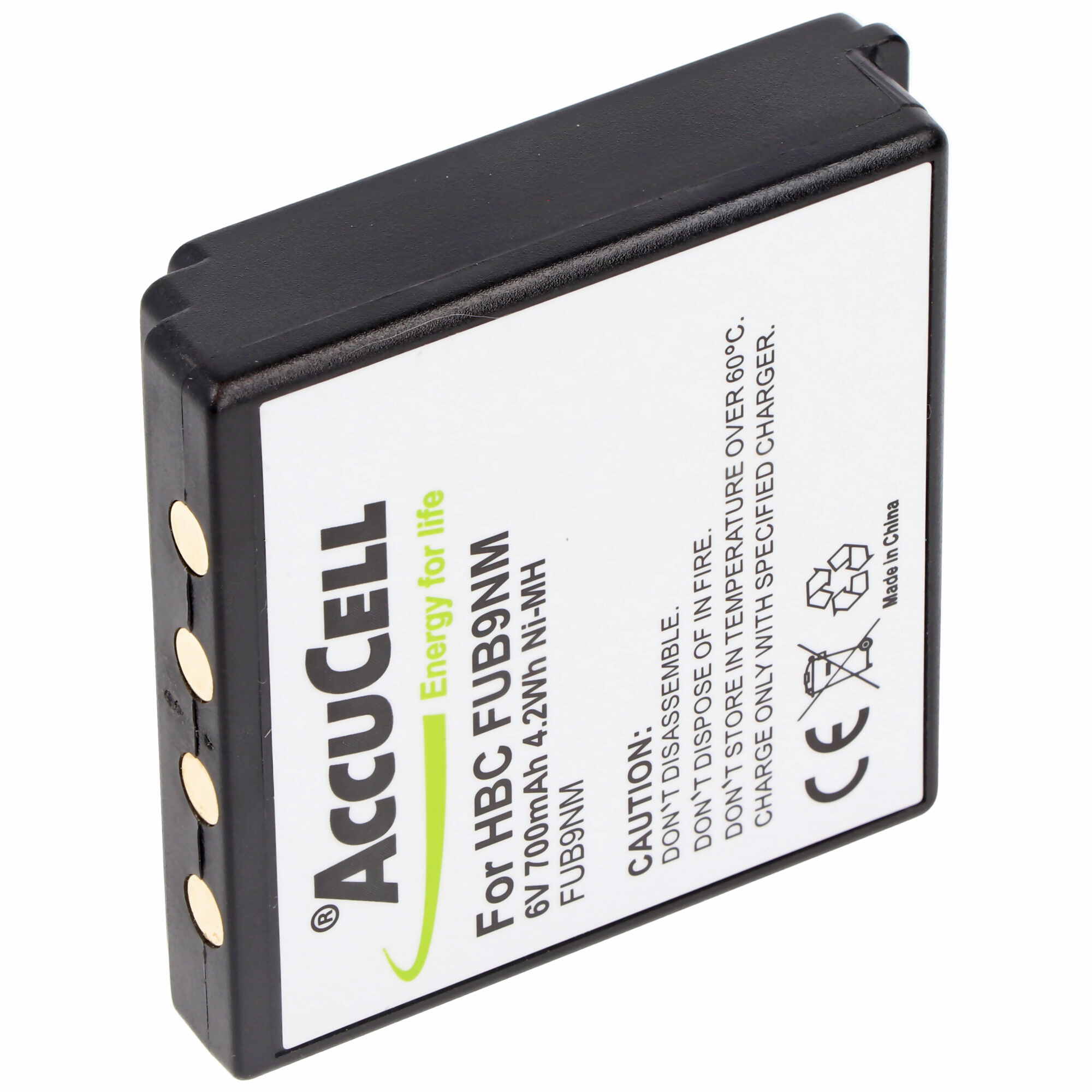Eine schwarze Batterie mit weißem Etikett. Text auf dem Etikett: Accucell, für HBC FUB9NM, 6V 700mAh 4,2Wh Ni-MH.