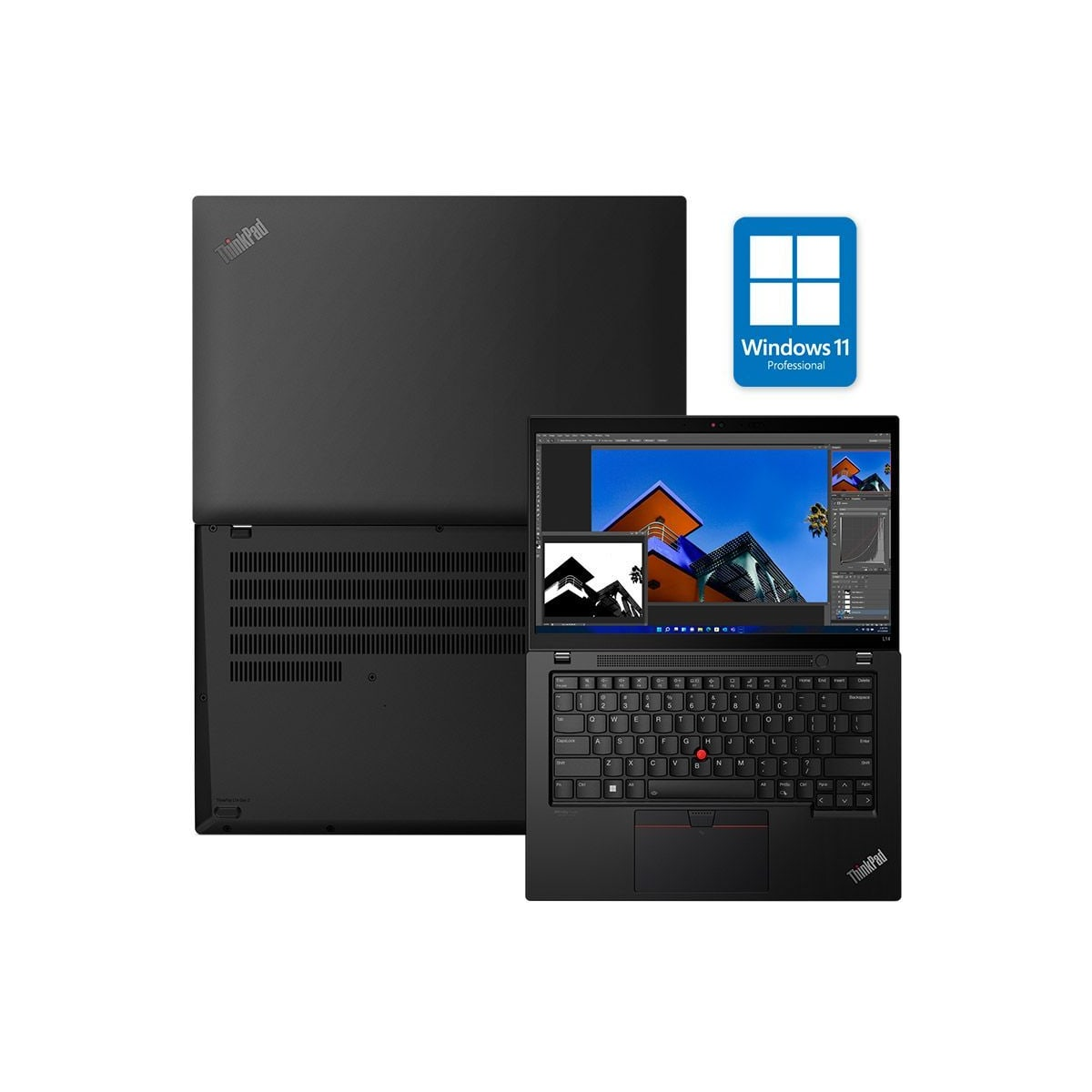 Portátil ThinkPad negro, abierto y cerrado, con pegatina Windows 11.