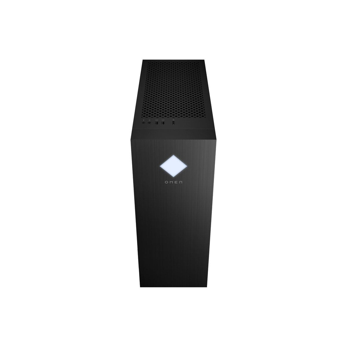 Czarna obudowa PC OMEN. Obudowa PC na białym tle. Logo Omen z przodu.