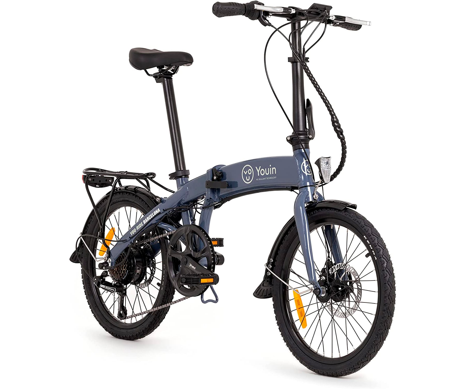 Składany szary rower. Pokazuje rower złożony i gotowy do jazdy. Białe tło.