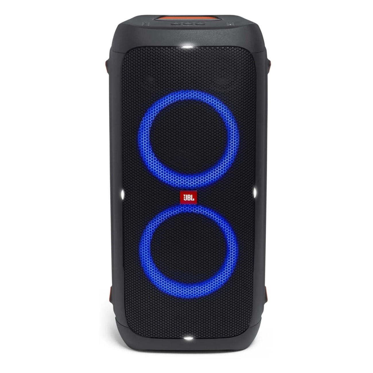Schwarzer Lautsprecher mit blau leuchtenden Ringen. JBL-Logo ist vorne sichtbar.