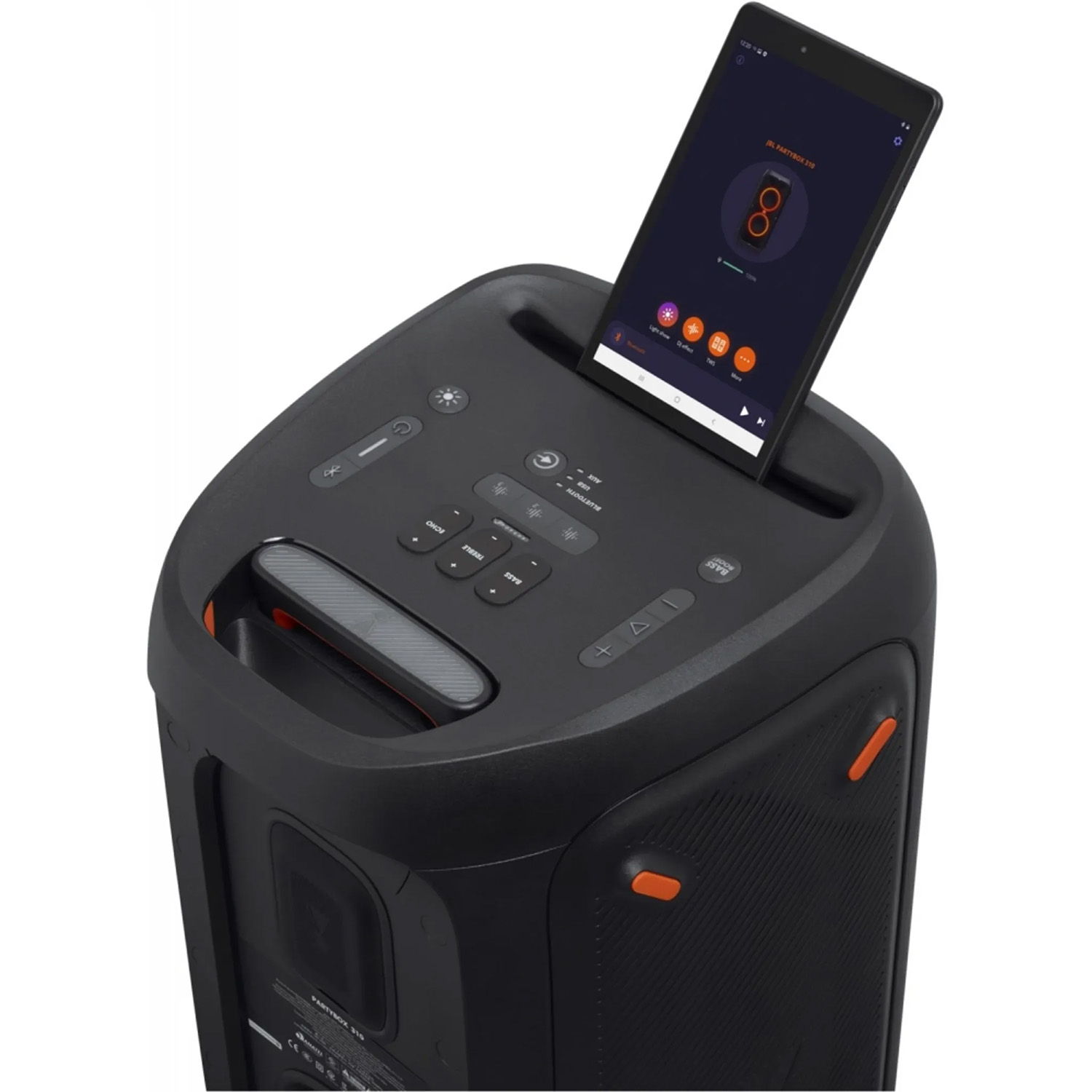 Schwarzer Lautsprecher mit Tablet, das eine App-Oberfläche, Bedienelemente und das JBL-Logo zeigt.