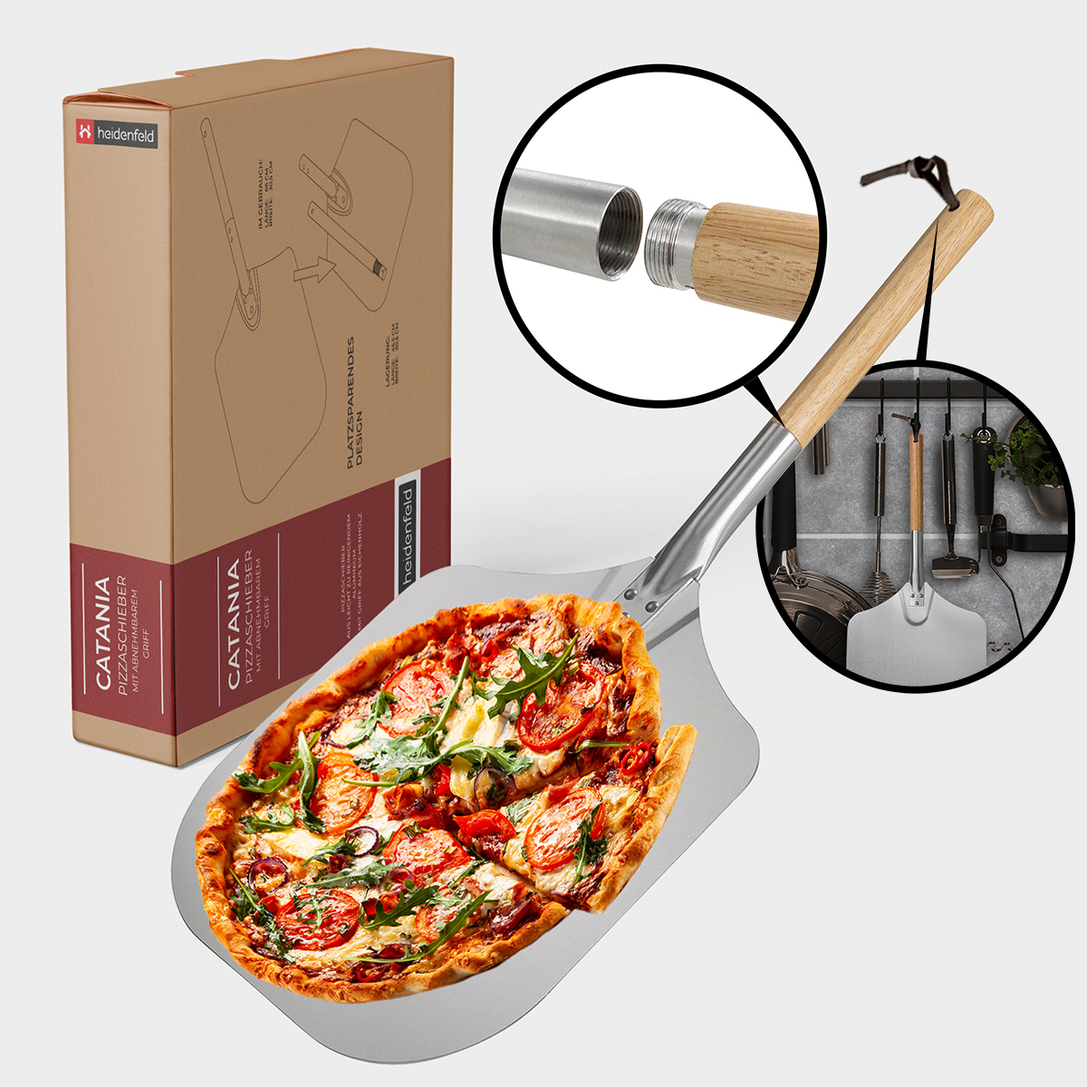 Pizza auf einem Pizzaschieber, mit einer Teilbox und einer Nahaufnahme des Griffs.