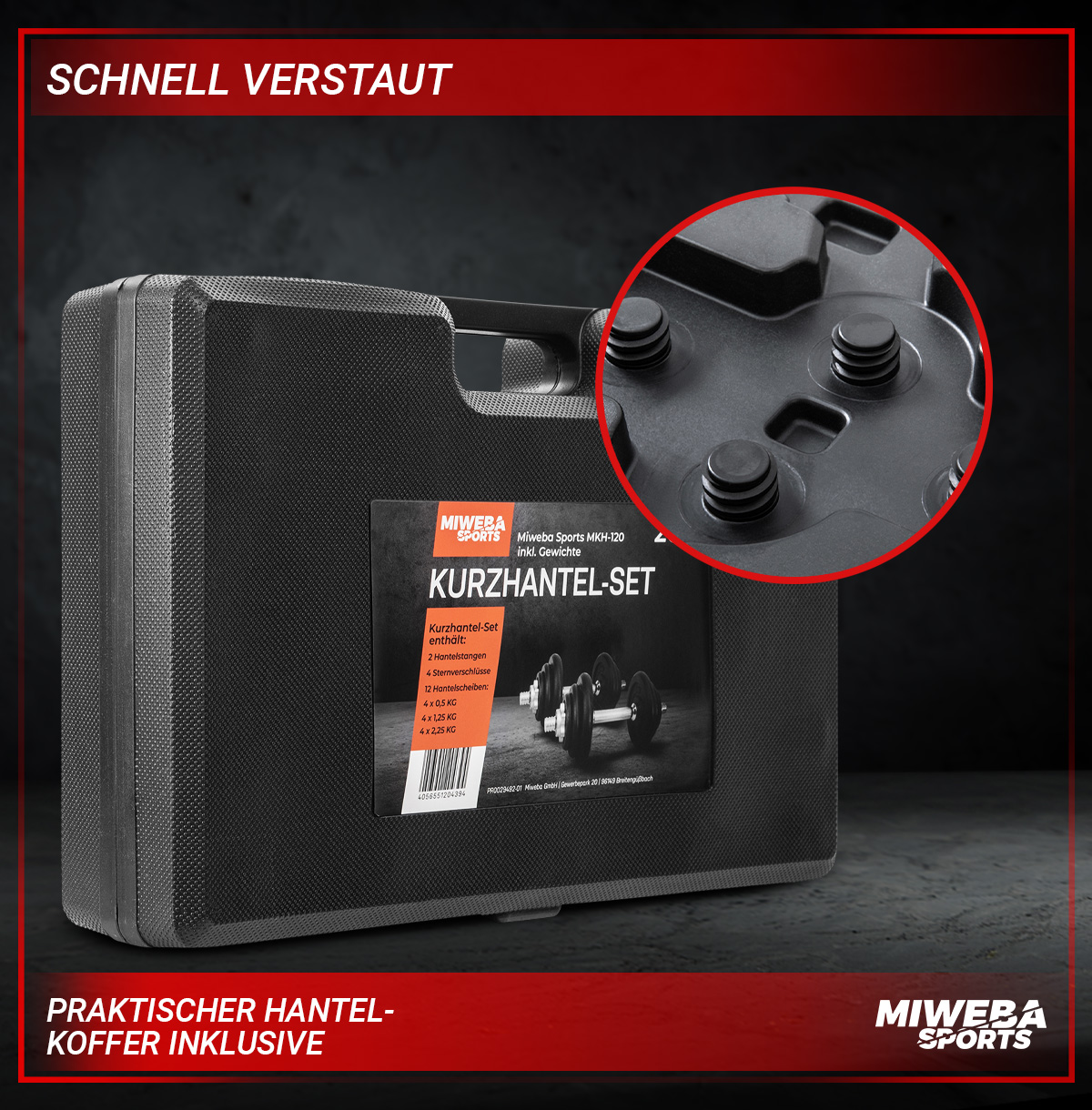 Schwarzer Gewichtsatzkoffer mit Etikett und Nahaufnahme der Gewichtsaufsätze.
