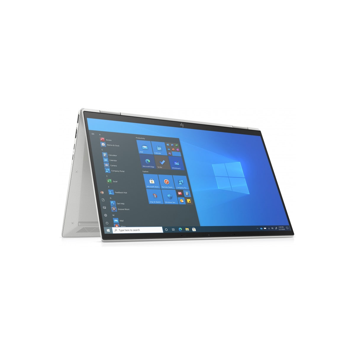 Laptop argentato con schermo Windows blu, aperto su un tavolo. La parte superiore è inclinata all'indietro.