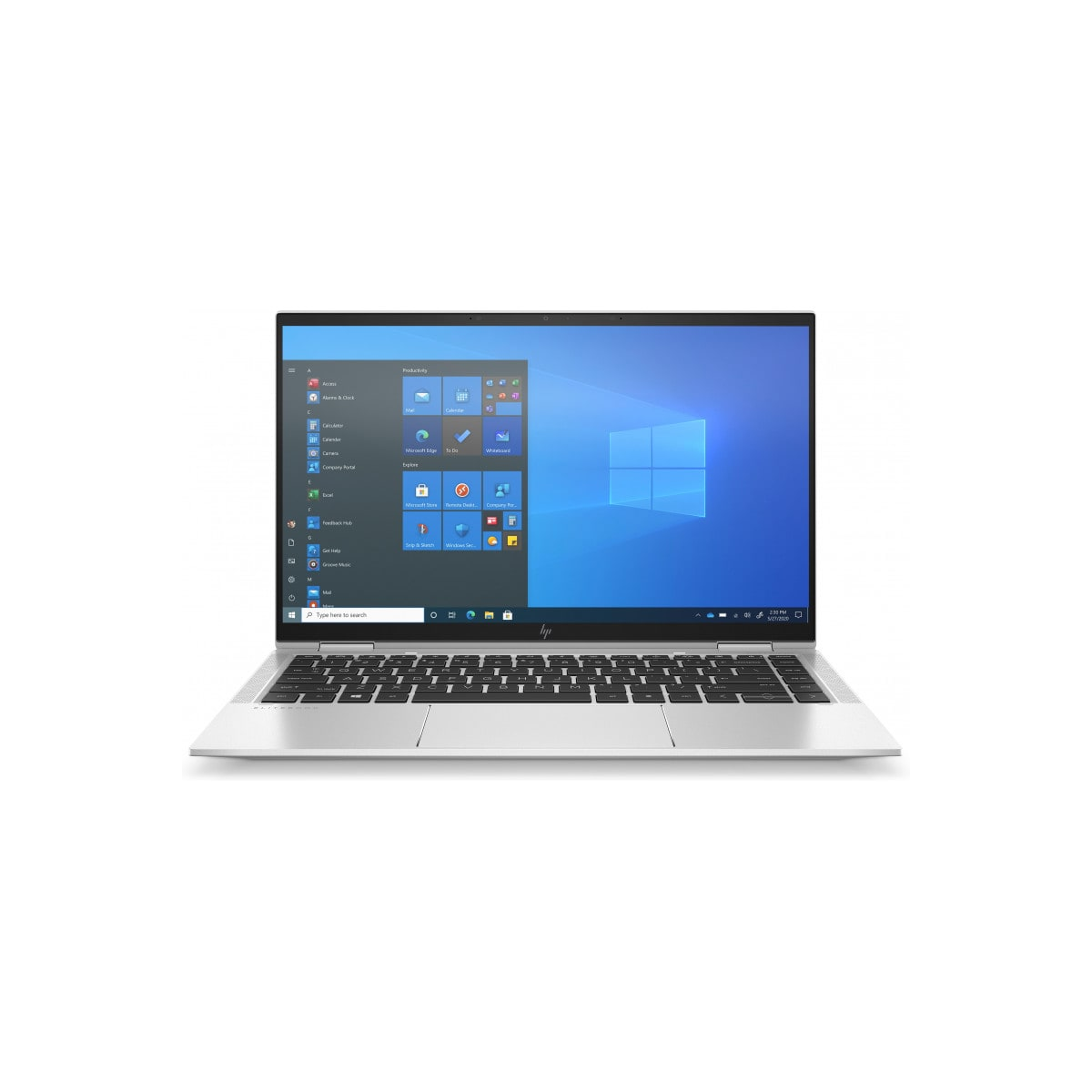 Laptop argentato con tastiera bianca, mostra un desktop Windows blu.