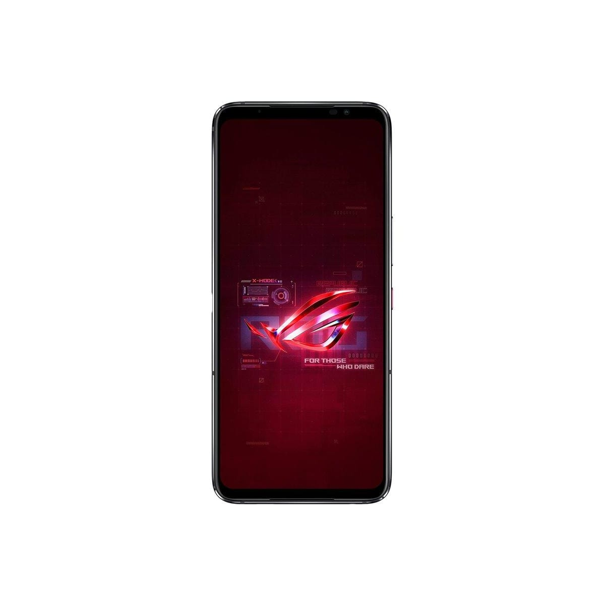 Ein schwarzes Smartphone mit rotem Design auf dem Bildschirm wird gezeigt.