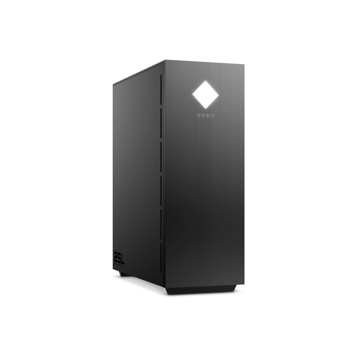 Czarny komputer stacjonarny OMEN na białym tle. Światło w kształcie diamentu z przodu.