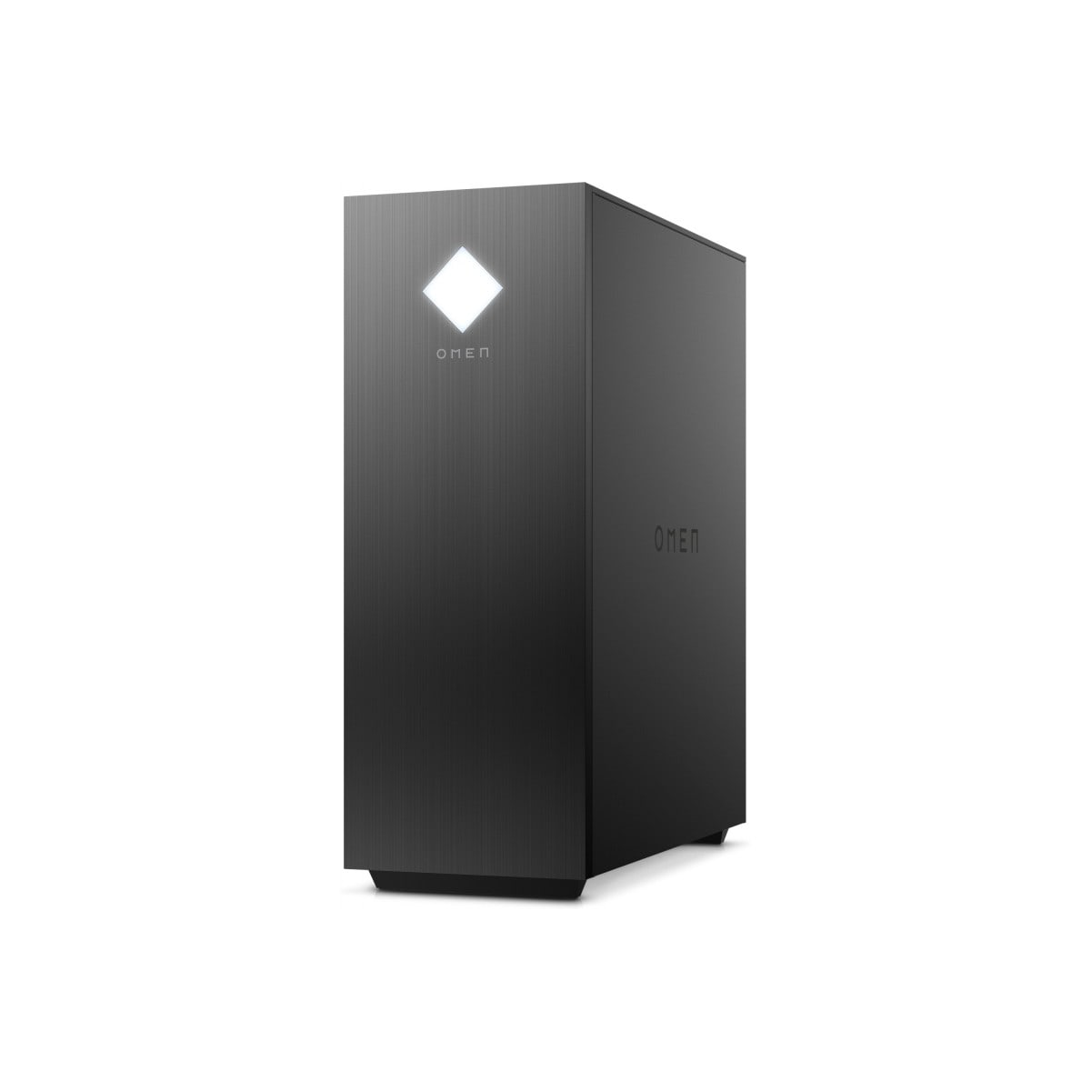 Czarna obudowa komputera na białym tle, z napisem OMEN z przodu.