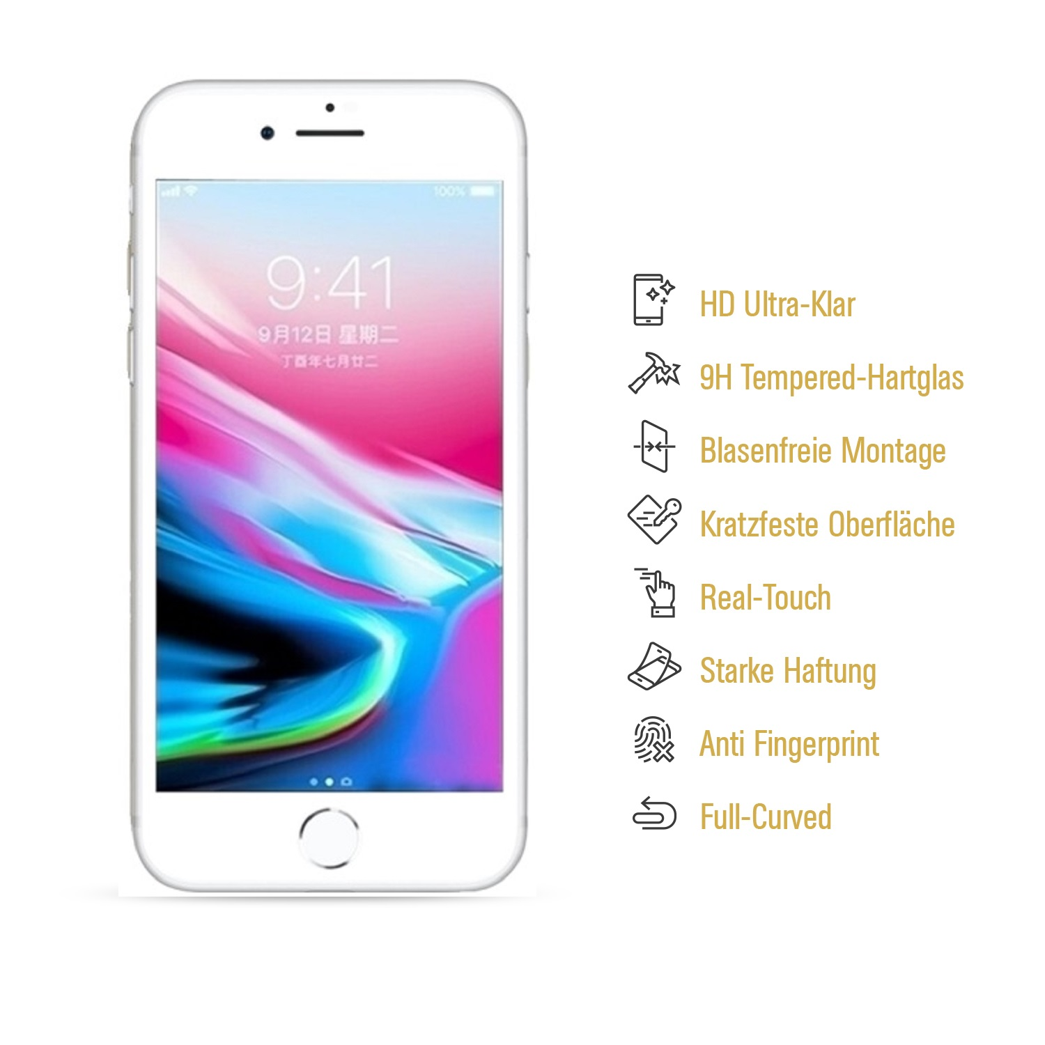 PROTECTORKING 4x FULL COVER Apple Hartglas 9H iPhone Schutzglas 8) KLAR Displayschutzfolie(für HD