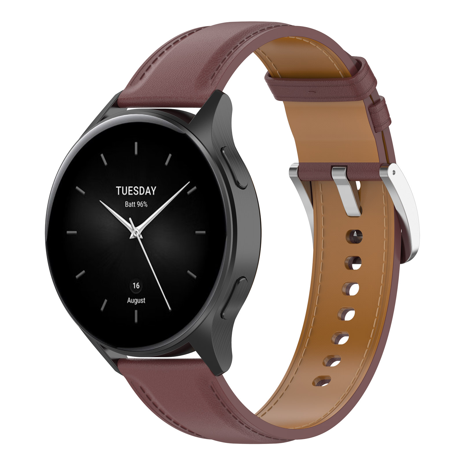 Uno smartwatch nero con cinturino in pelle marrone, che mostra data, ora e percentuale della batteria.