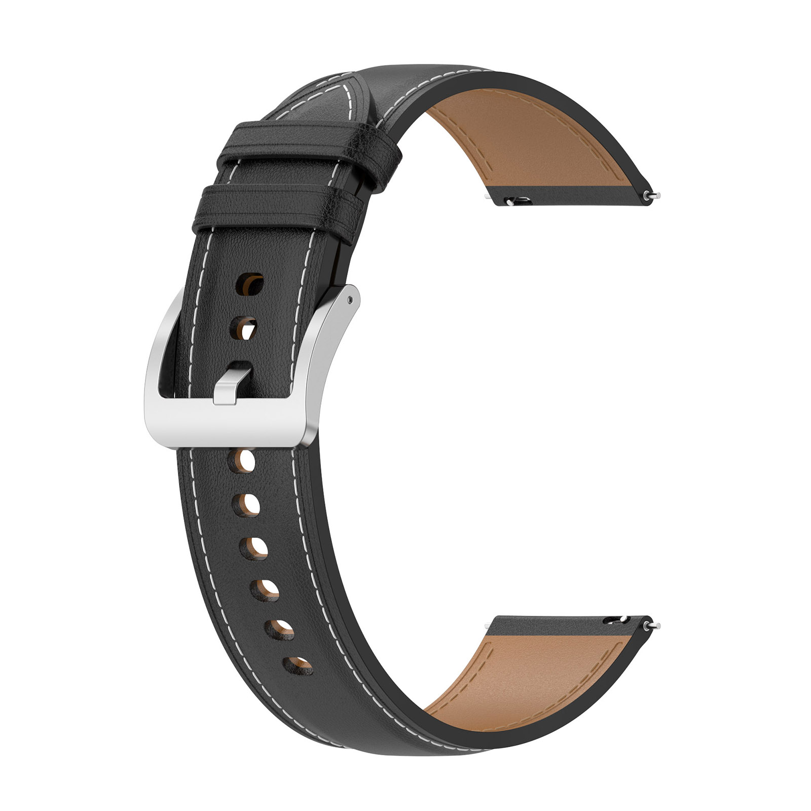 Schwarzes Leder-Armband mit weißen Nähten und silberner Schnalle. Braunes Leder innen.
