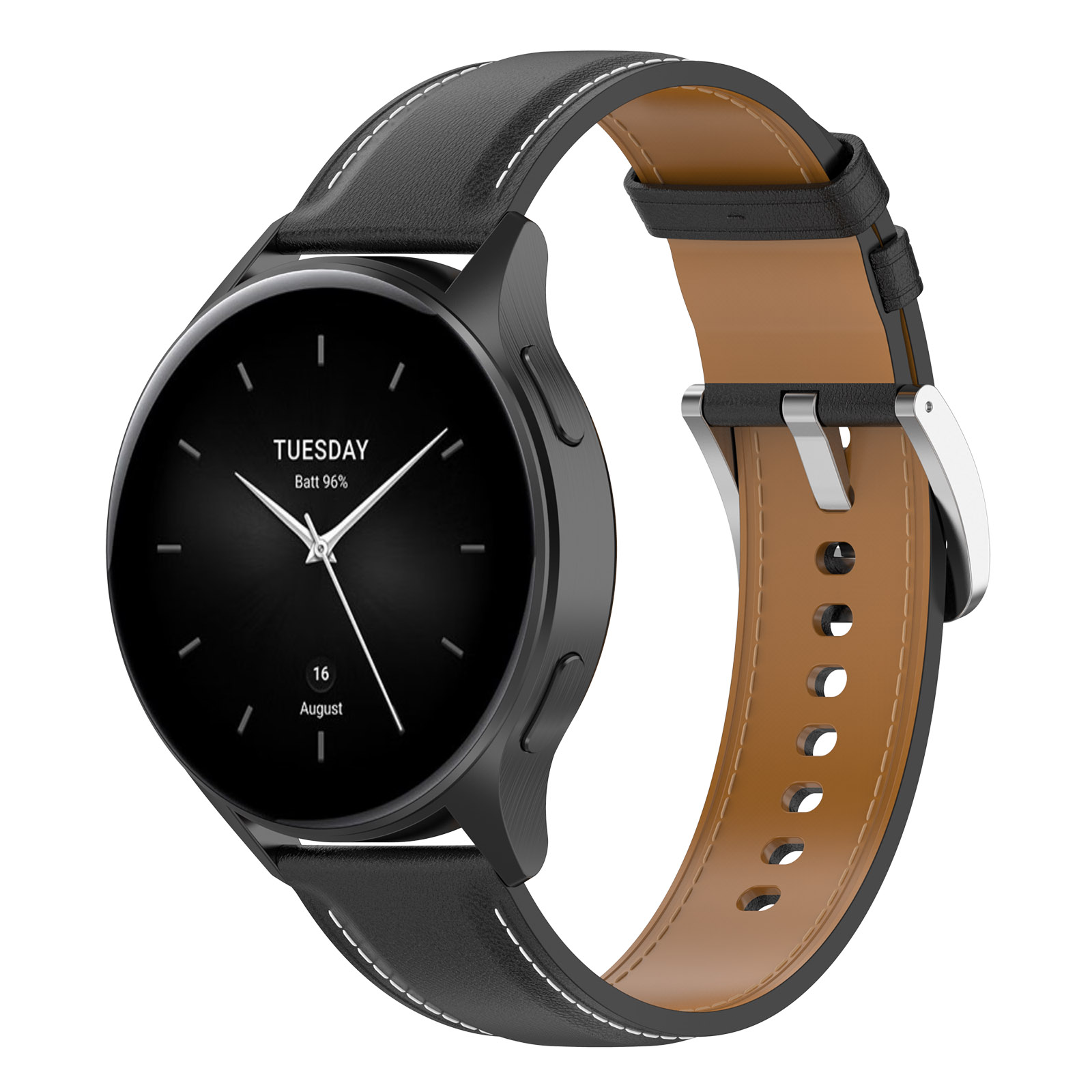 Eine schwarze Smartwatch mit schwarzem Lederarmband und brauner Lederunterseite, die Datum und Uhrzeit anzeigt.