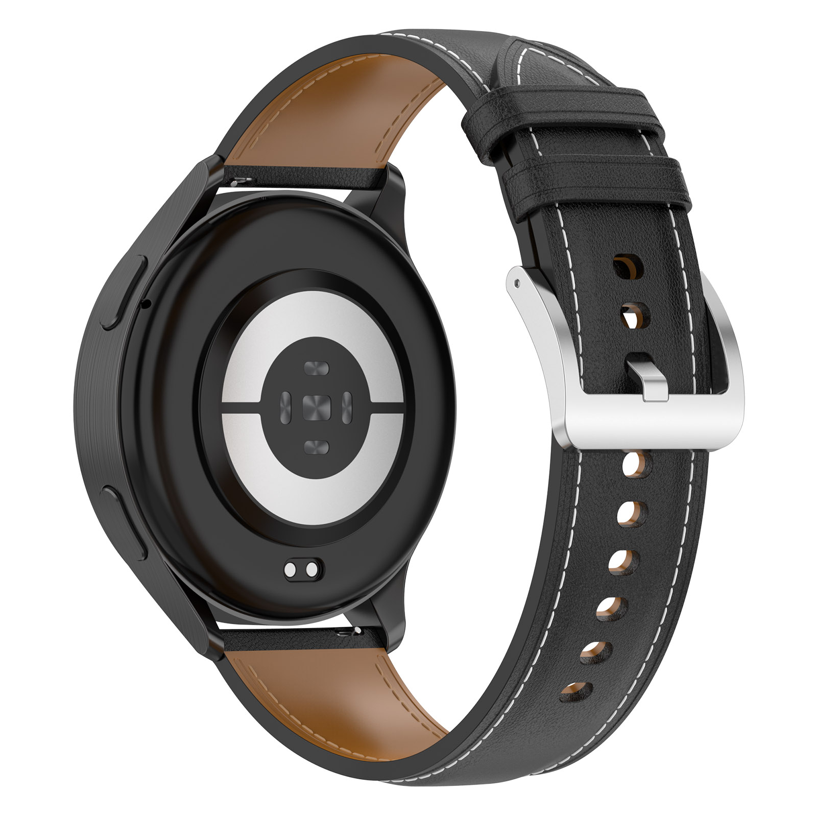 Die Rückseite einer schwarzen Smartwatch mit braunem Lederarmband. Es gibt einen kreisförmigen Sensor.