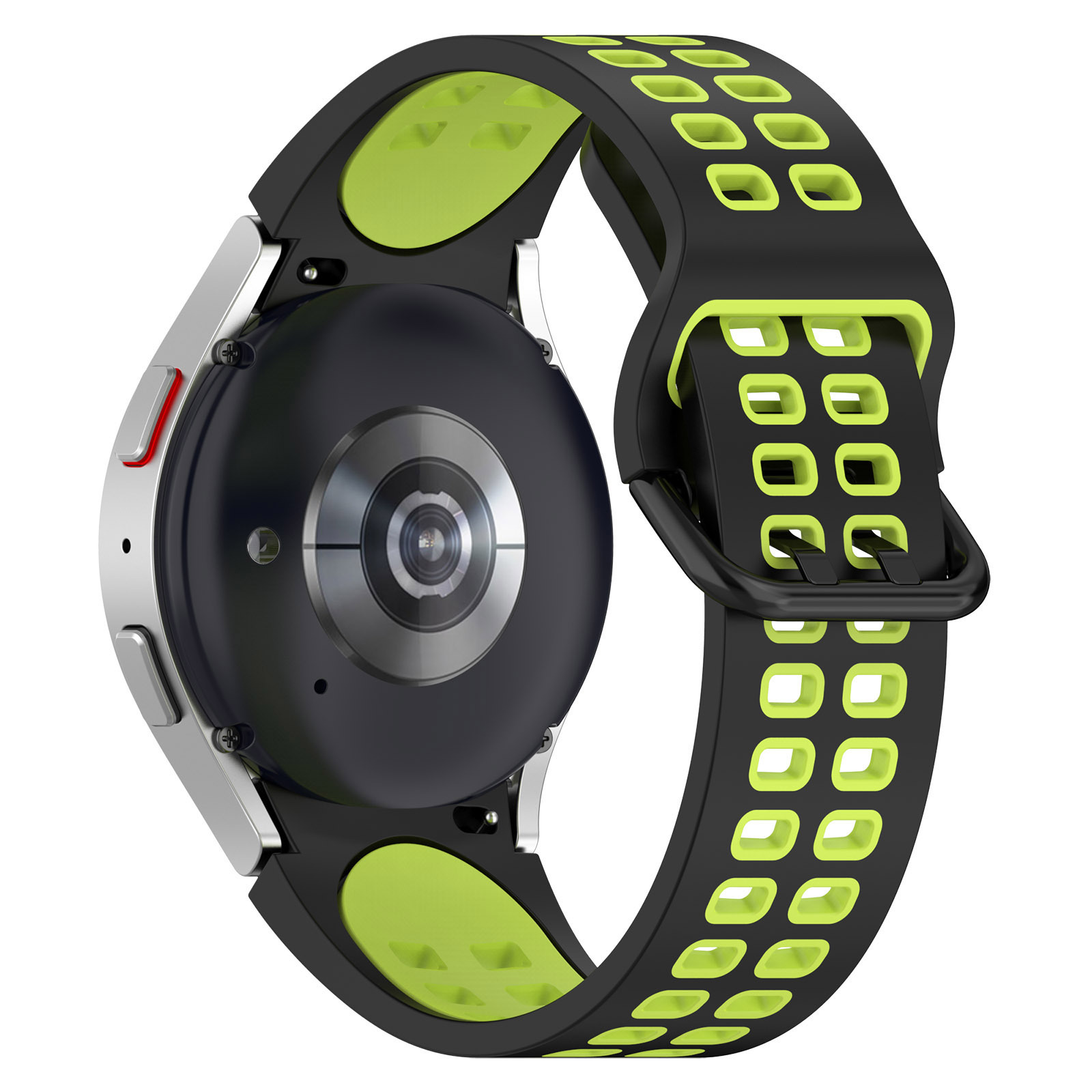 Eine schwarz-grüne Smartwatch mit schwarzem Armband, Unterseite der Uhr.