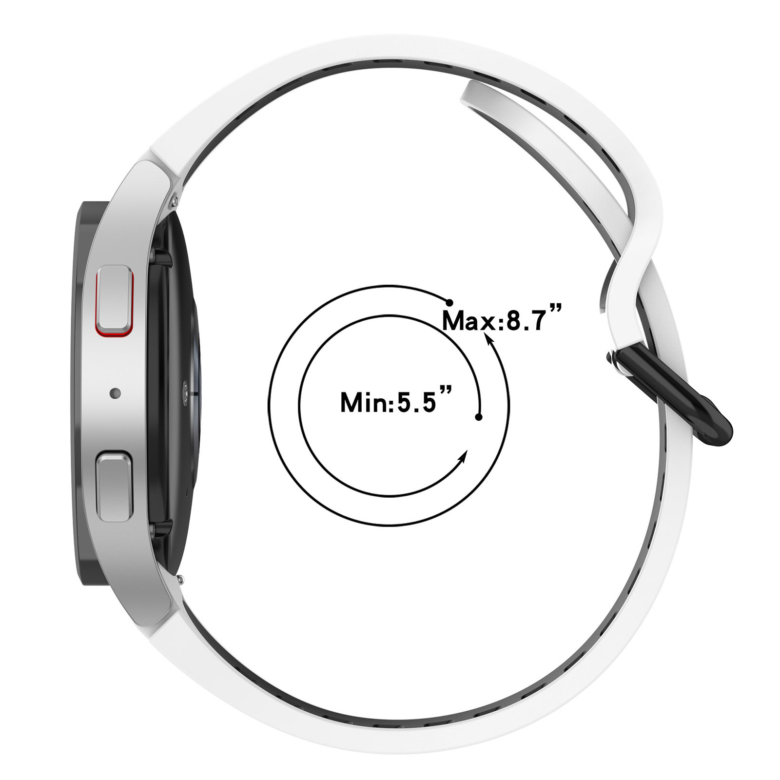 Smartwatch mit weißem Armband, Messanzeigen. Verstellbares Armband.