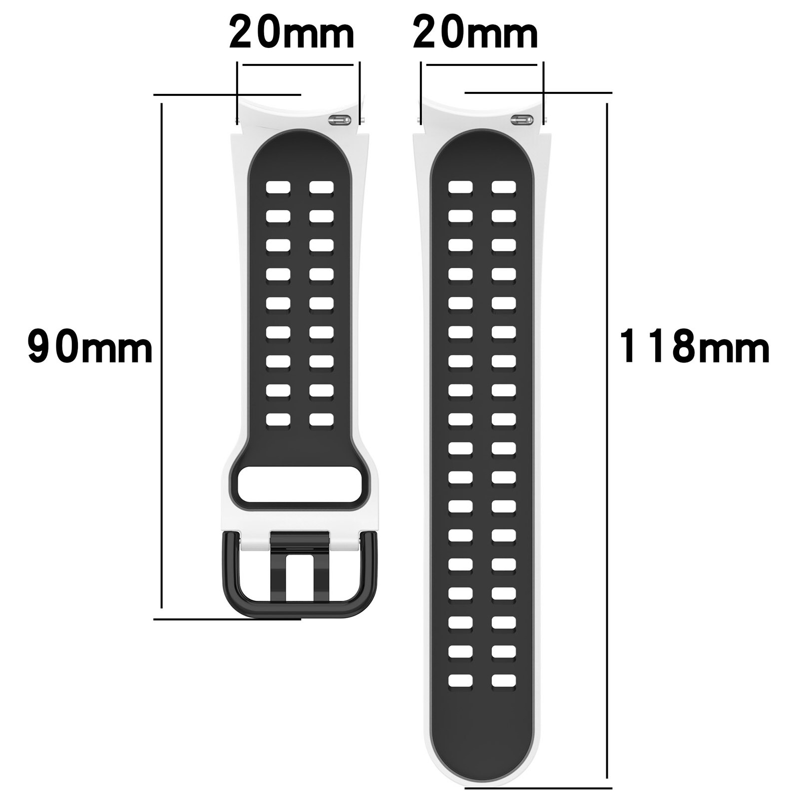 Armband, schwarz und weiß, mit Beschriftungen: 90mm, 118mm, 20mm, 20mm, isoliert auf Weiß.