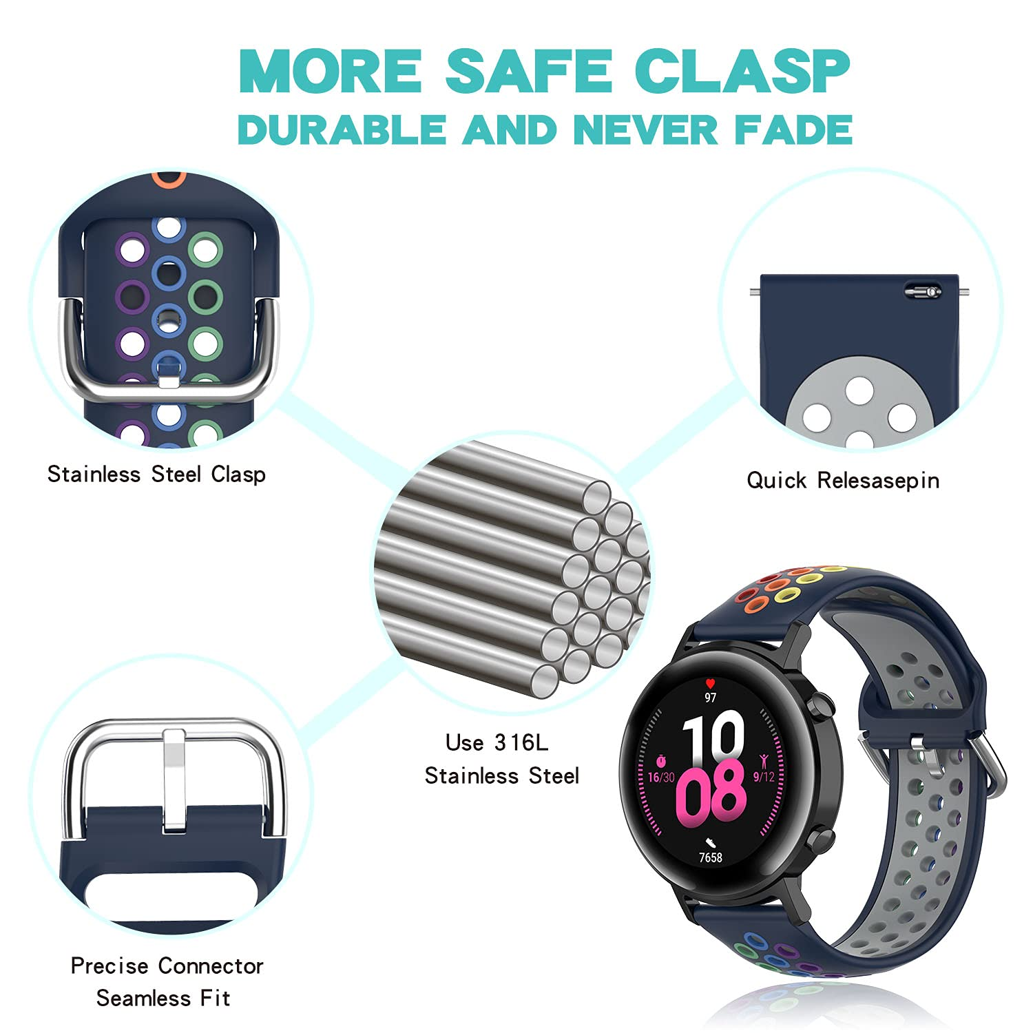 Uhrenarmband mit verschiedenen Elementen. Edelstahlverschluss, Schnellverschlussstift und Uhr.