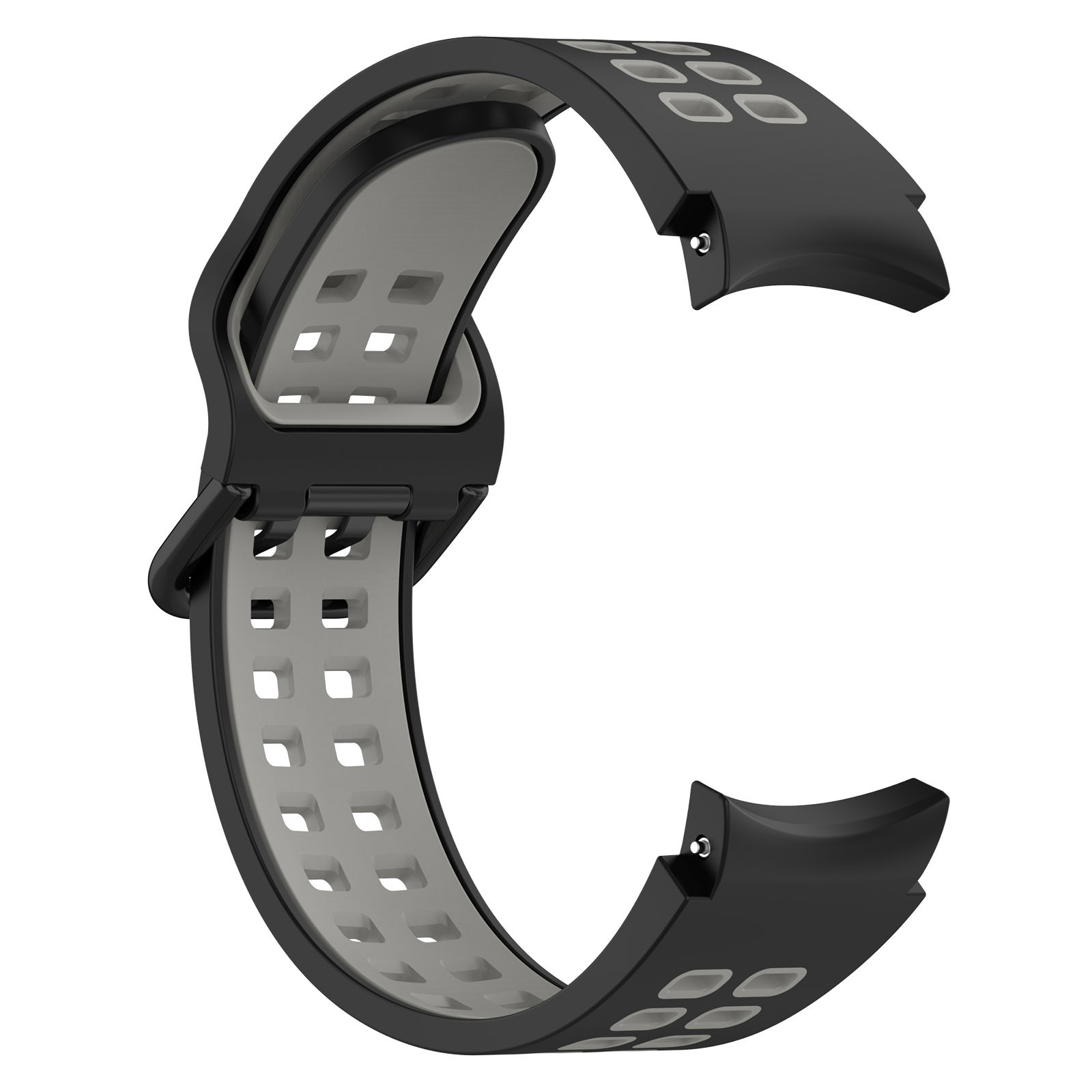 Ein schwarzes und graues Uhrenarmband mit sichtbaren Perforationen zur Atmungsaktivität, isoliert auf weißem Hintergrund.