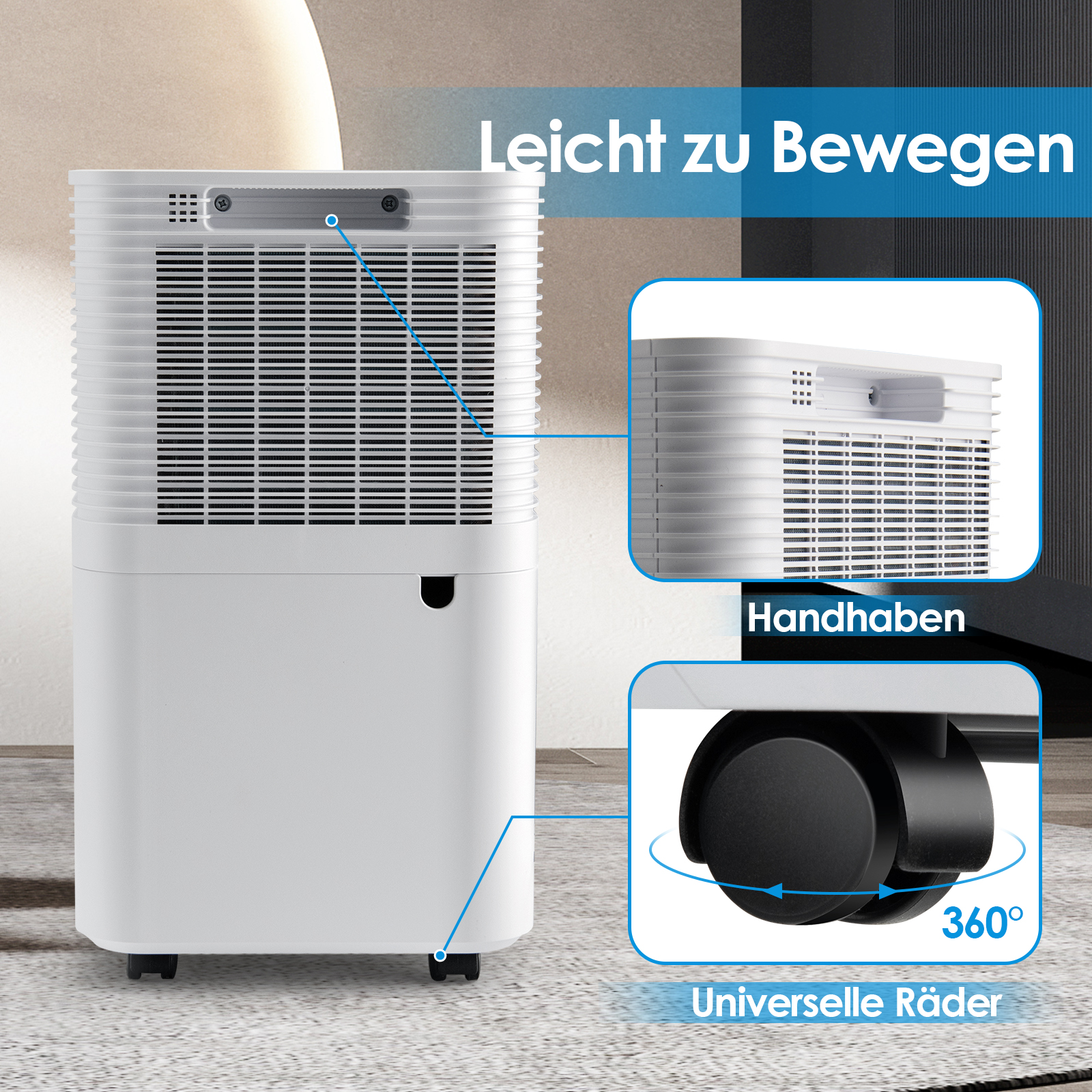 Weißer Luftreiniger mit Text und Nahaufnahmen von Funktionen.