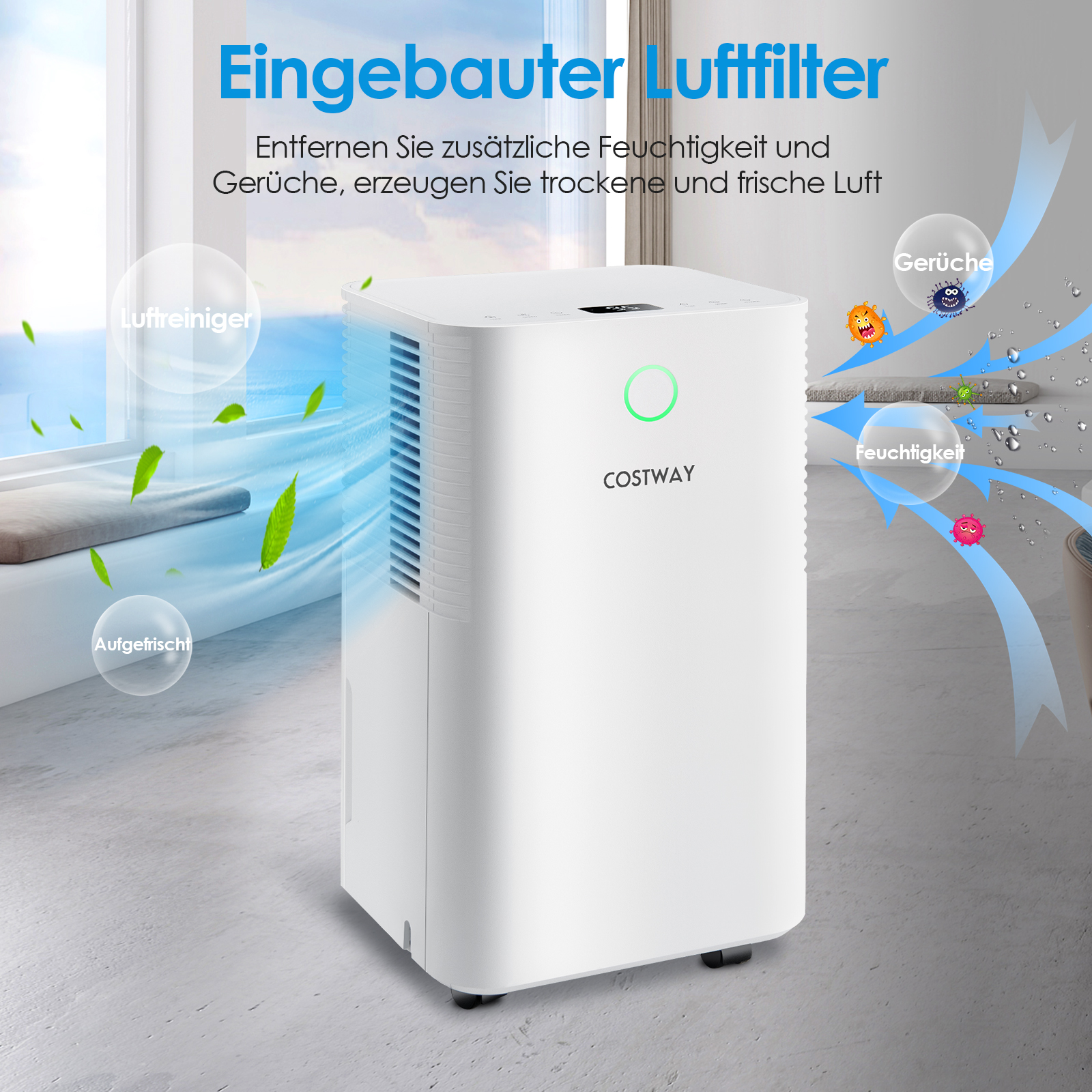 Weißer Luftreiniger mit deutschem Text, Pfeilen und Cartoon-Keimen.