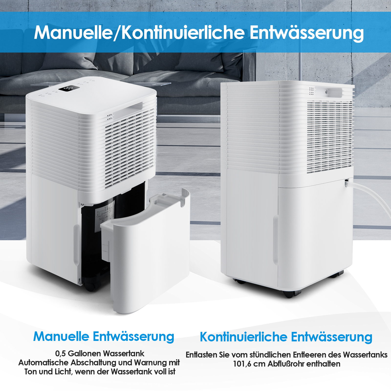 Weiße und schwarze Luftentfeuchter. Text: Manuelle/kontinuierliche Entwässerung.