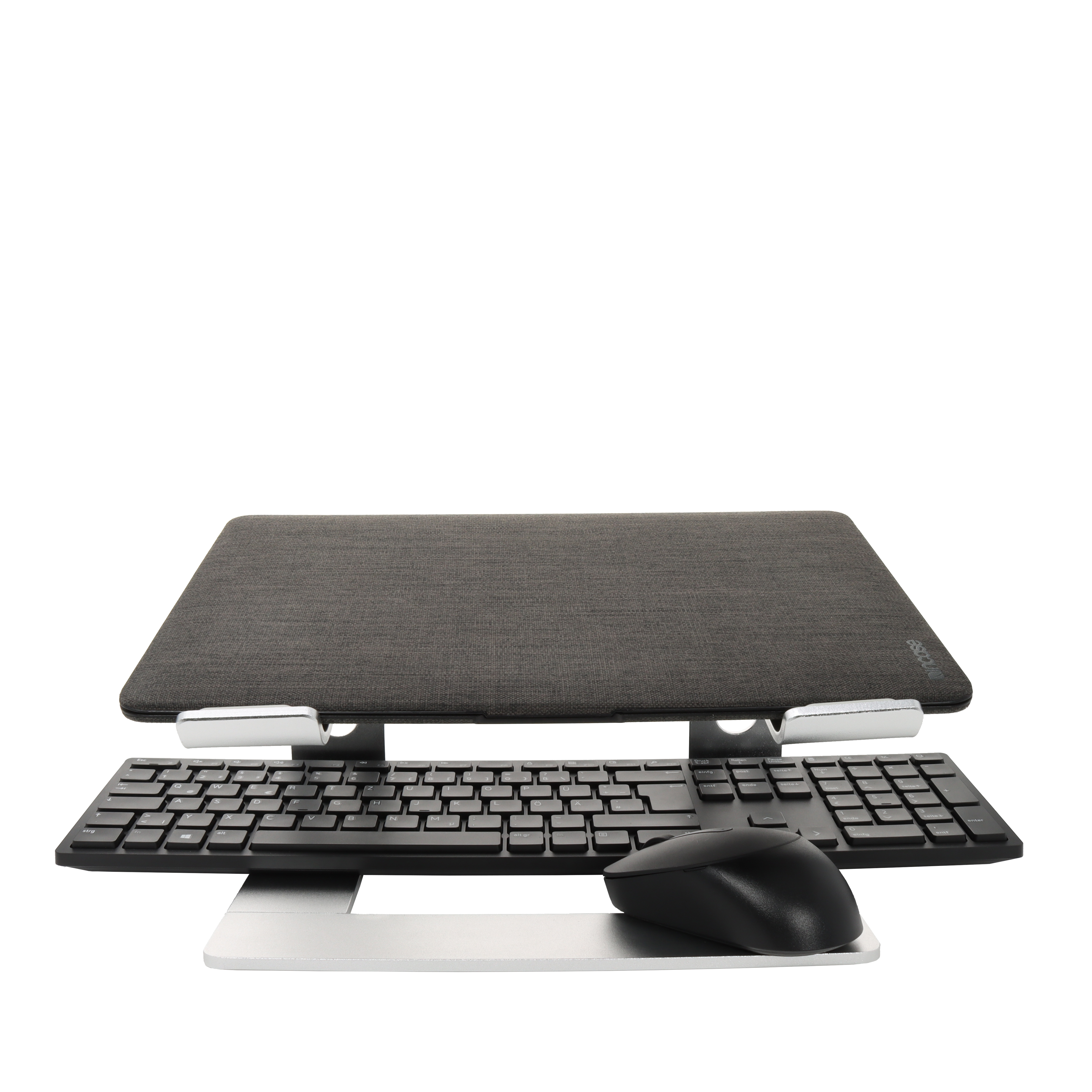 Laptopständer mit Tastatur, Maus und Laptop. Der Ständer ist grau. Tastatur und Maus sind schwarz.