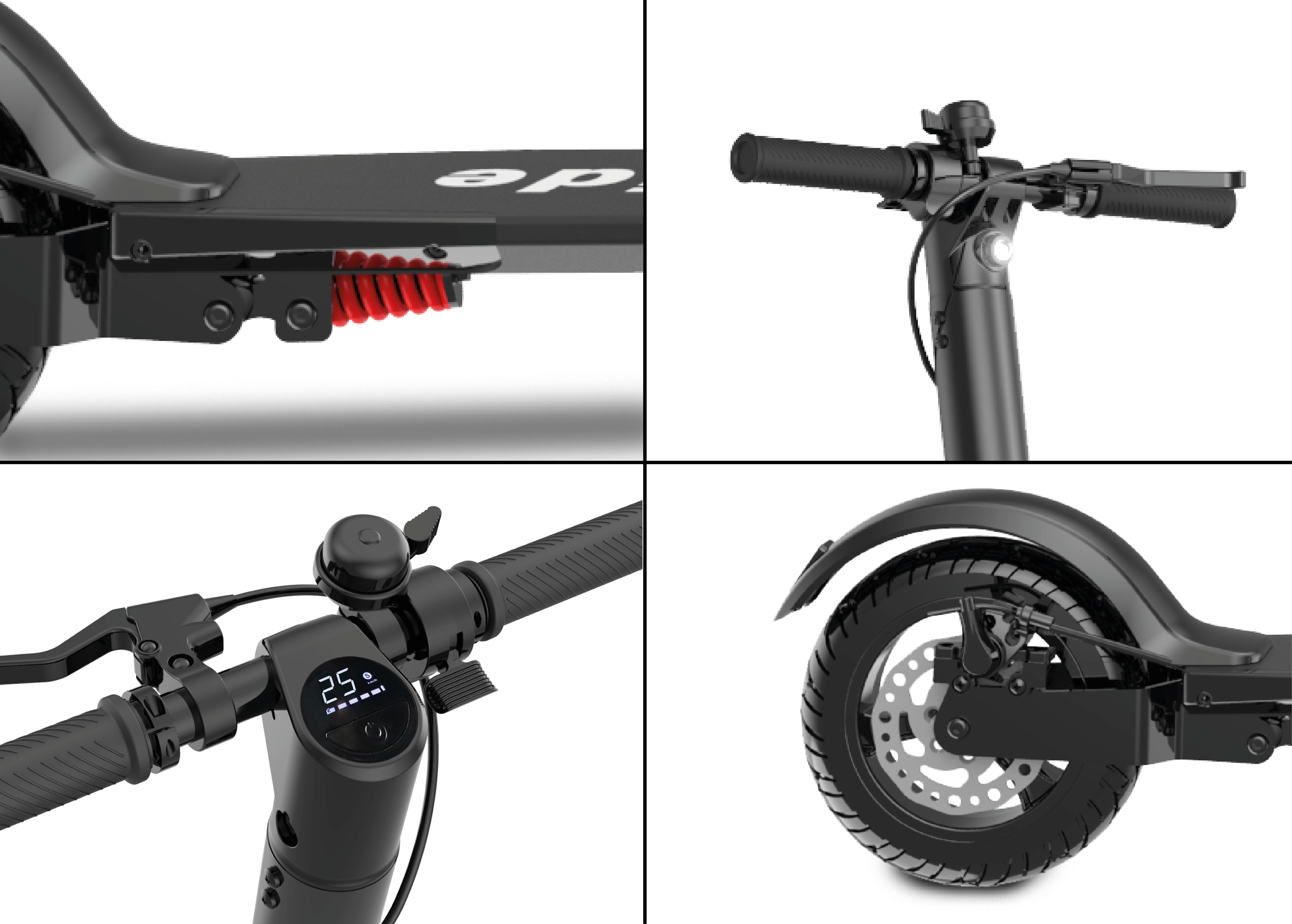 Primeros planos de un patinete negro: manillar, suspensión, rueda trasera y controles.