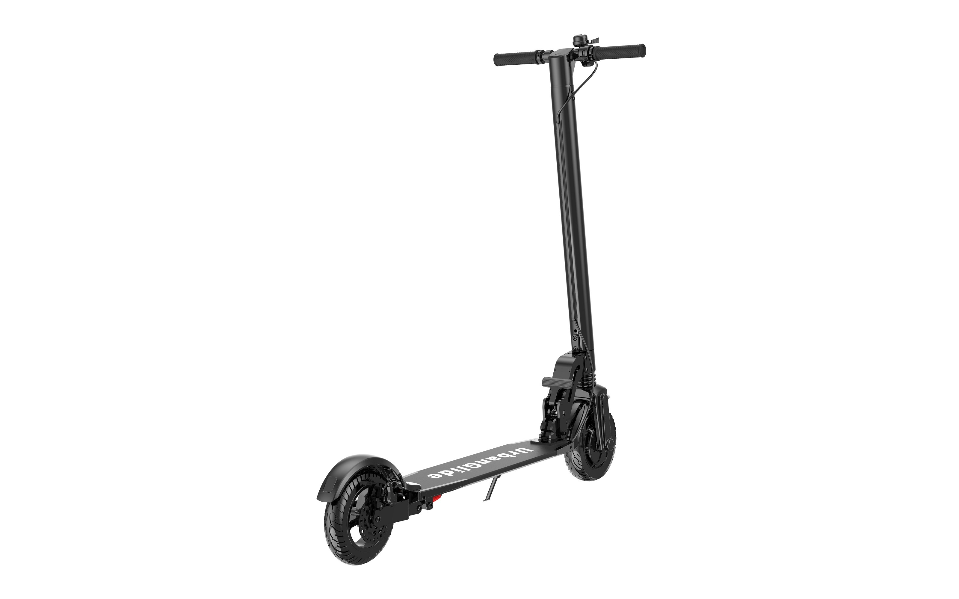 Patinete eléctrico negro con 'urbanglide' en la plataforma, aislado sobre fondo blanco.