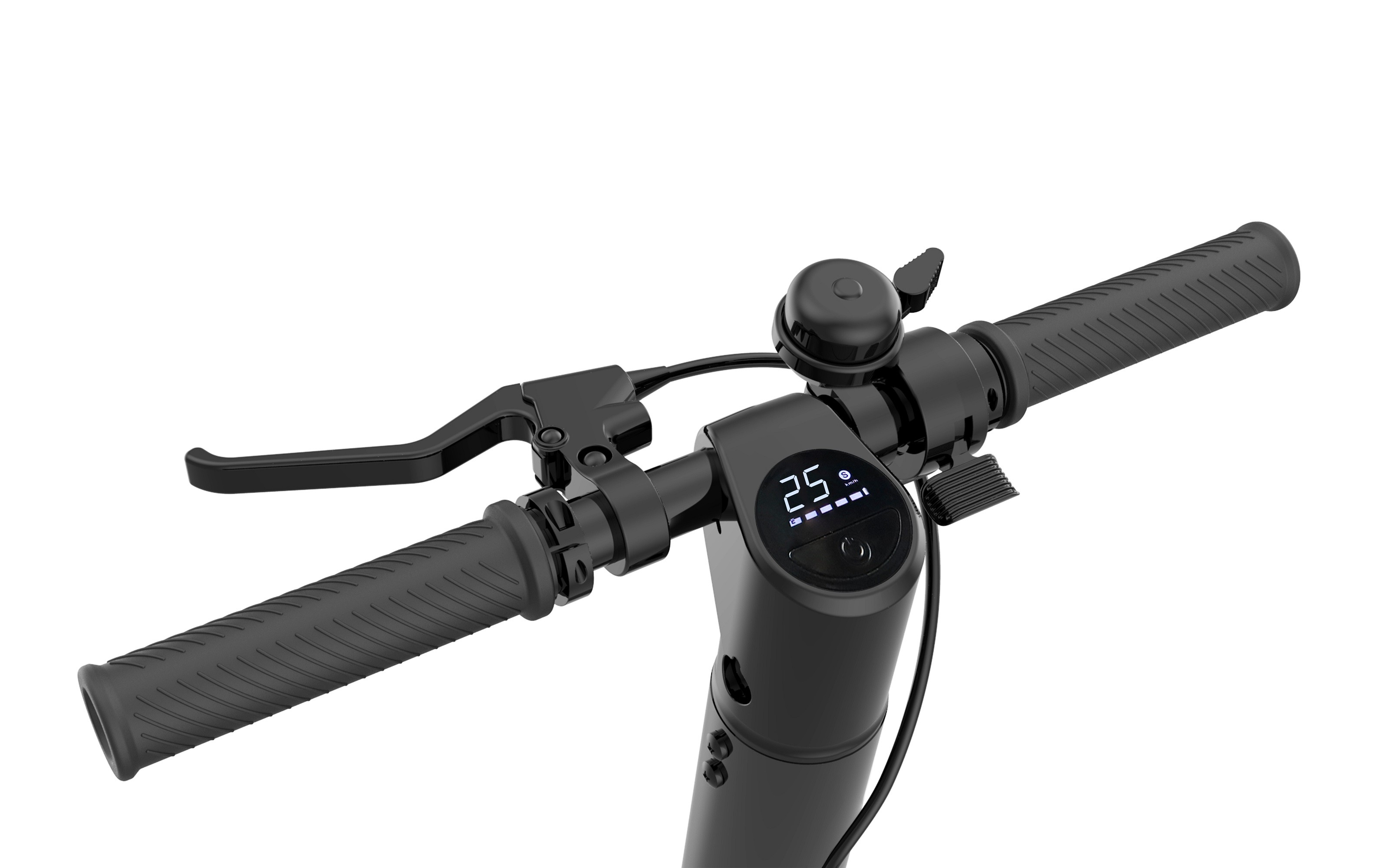 Manillar de scooter negro con pantalla y timbre.