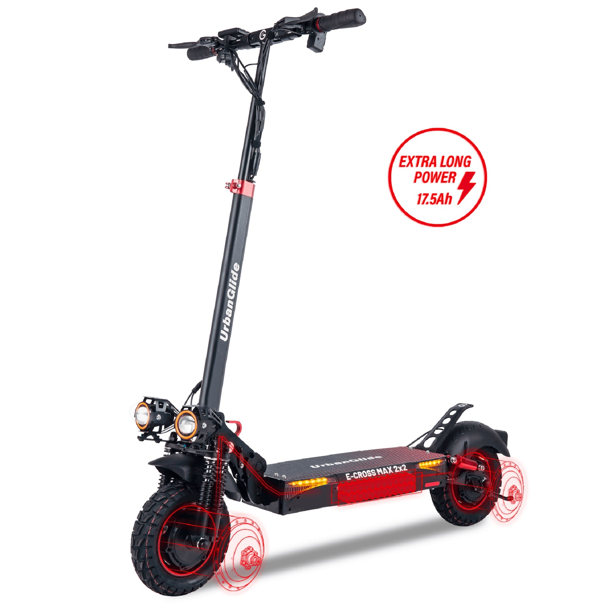 Un patinete eléctrico negro y rojo con luces delanteras y una etiqueta circular roja que indica potencia extra larga.