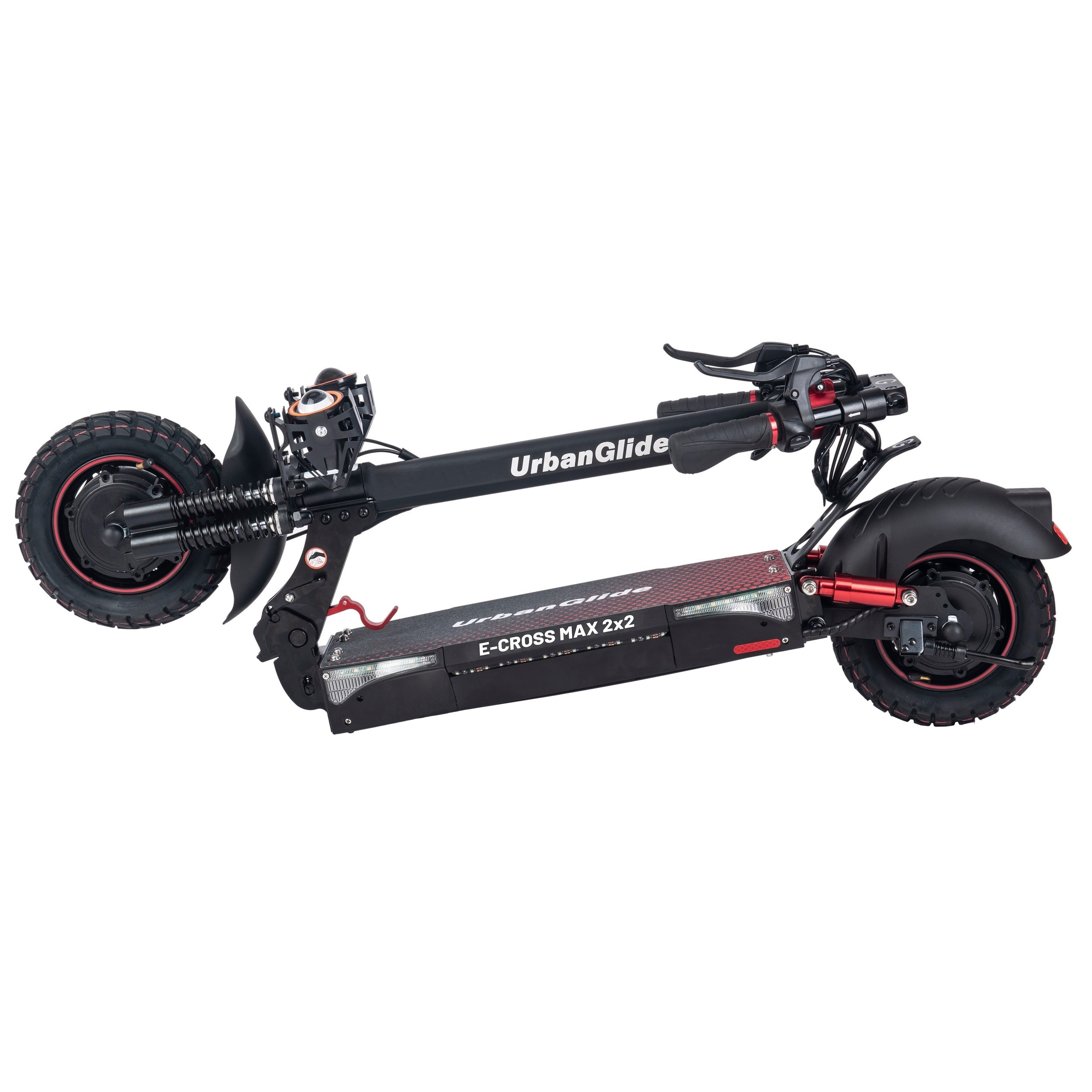 Un patinete eléctrico UrbanGlide E-CROSS MAX 2x2. El patinete es negro y rojo.