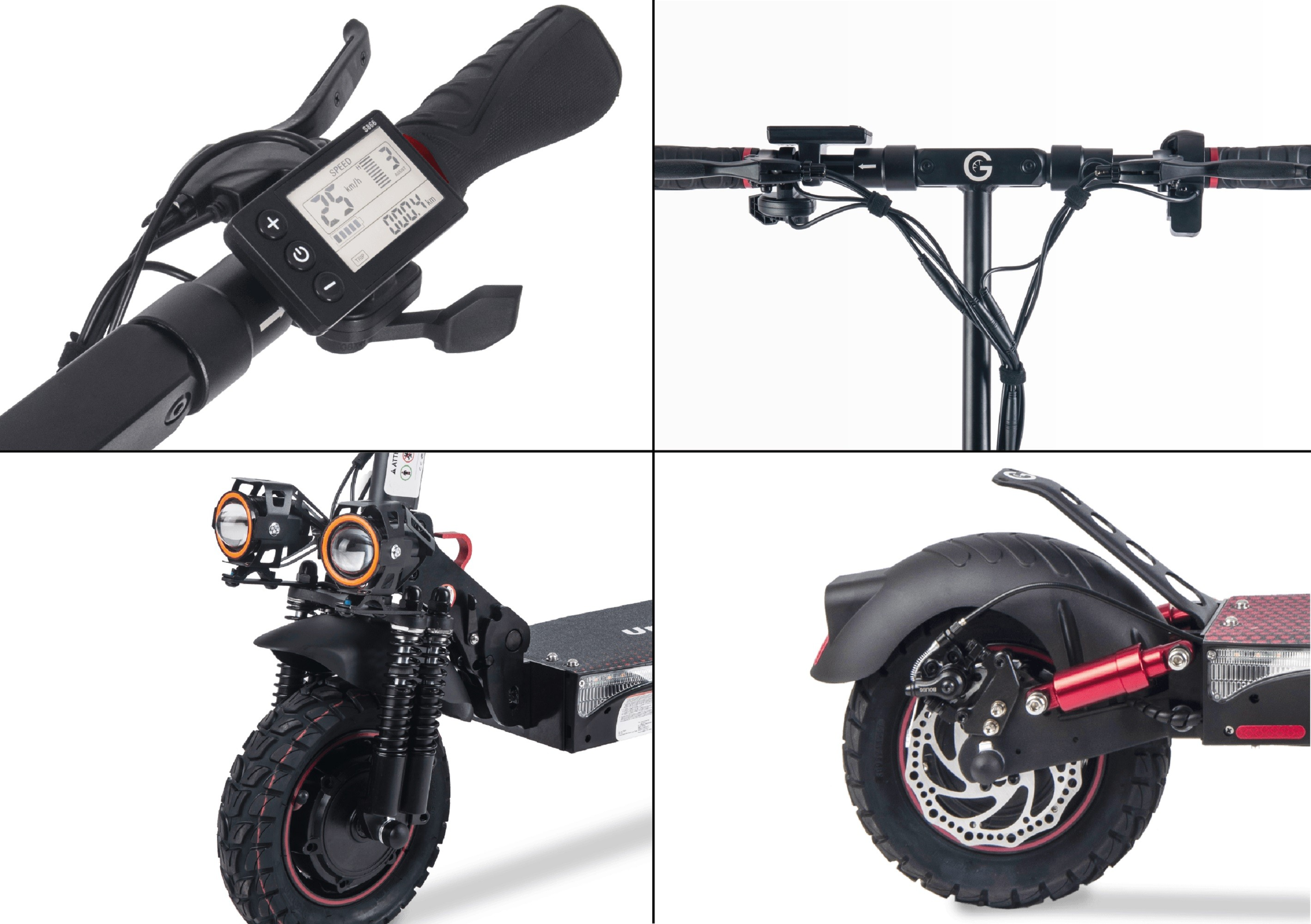 Cuatro tomas de cerca de un scooter eléctrico. Las partes incluyen manillar, ruedas, pantalla y rueda trasera.
