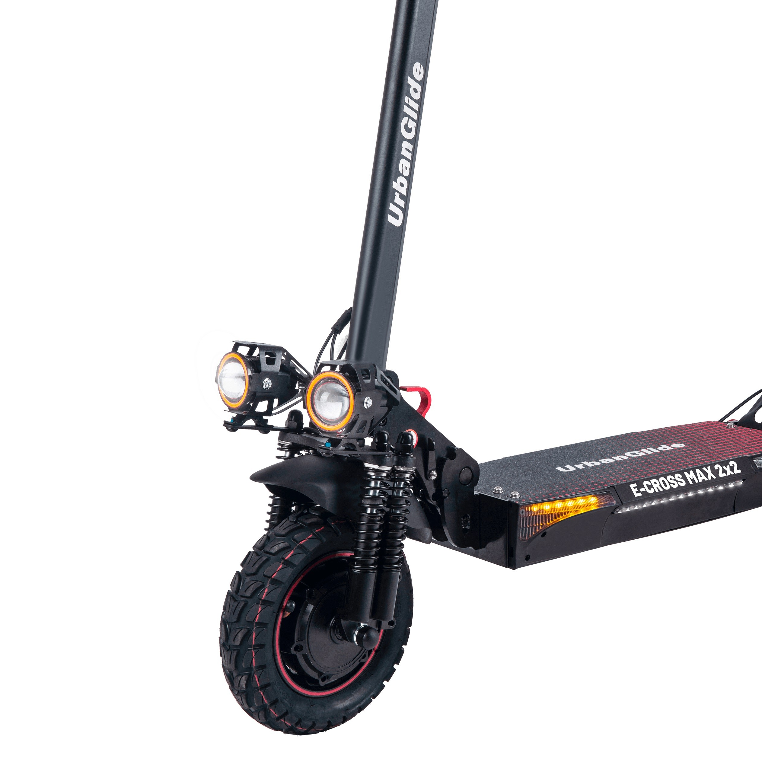 Scooter eléctrico UrbanGlide negro. Cuenta con dos faros y un neumático con forro rojo.