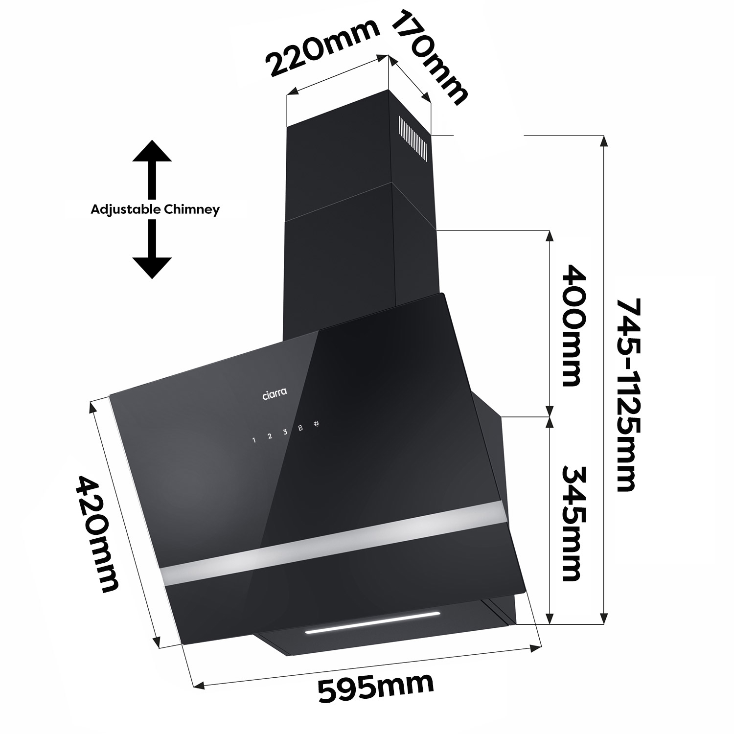 Cappa nera con dimensioni. Pannello in vetro nero e dimensioni. Sfondo bianco.