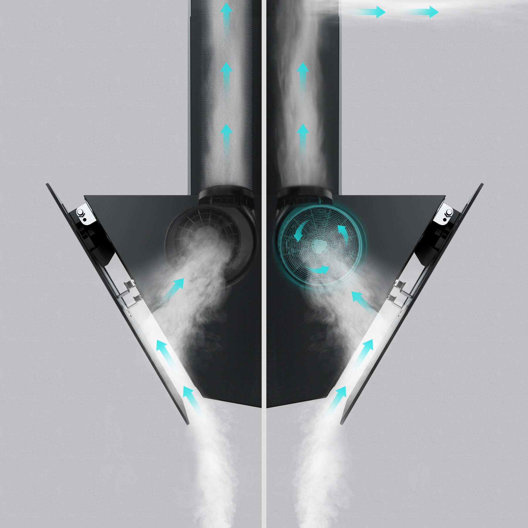 Deux ventilateurs montrant le flux d'air. Les flèches indiquent la direction de l'air, filtres et ventilateur.
