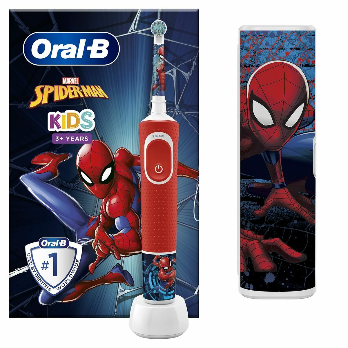 Spazzolino elettrico per bambini Oral-B Spider-Man con supporto e custodia da viaggio, su sfondo bianco.