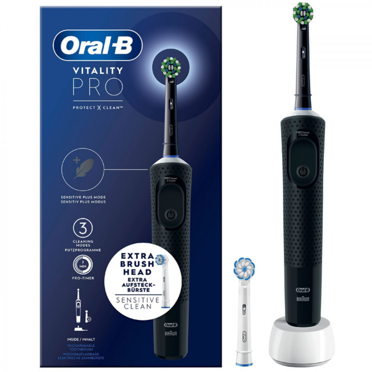 Elektryczna szczoteczka do zębów Oral-B Vitality Pro z dodatkowymi główkami i opakowaniem.