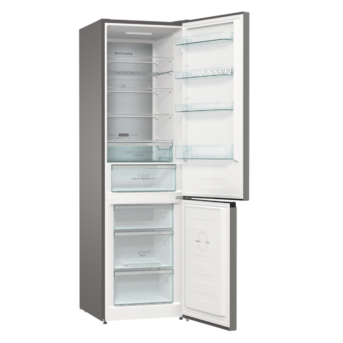 Szara i biała lodówka z otwartymi drzwiami, widoczne półki i szuflady.