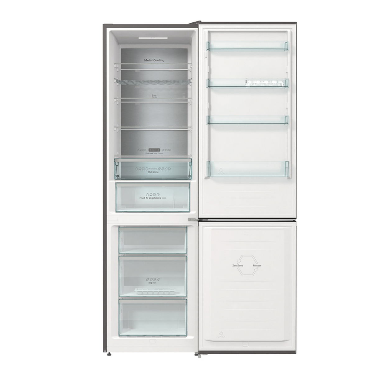 Otwarta lodówka pokazująca półki, szuflady i układ wnętrza.