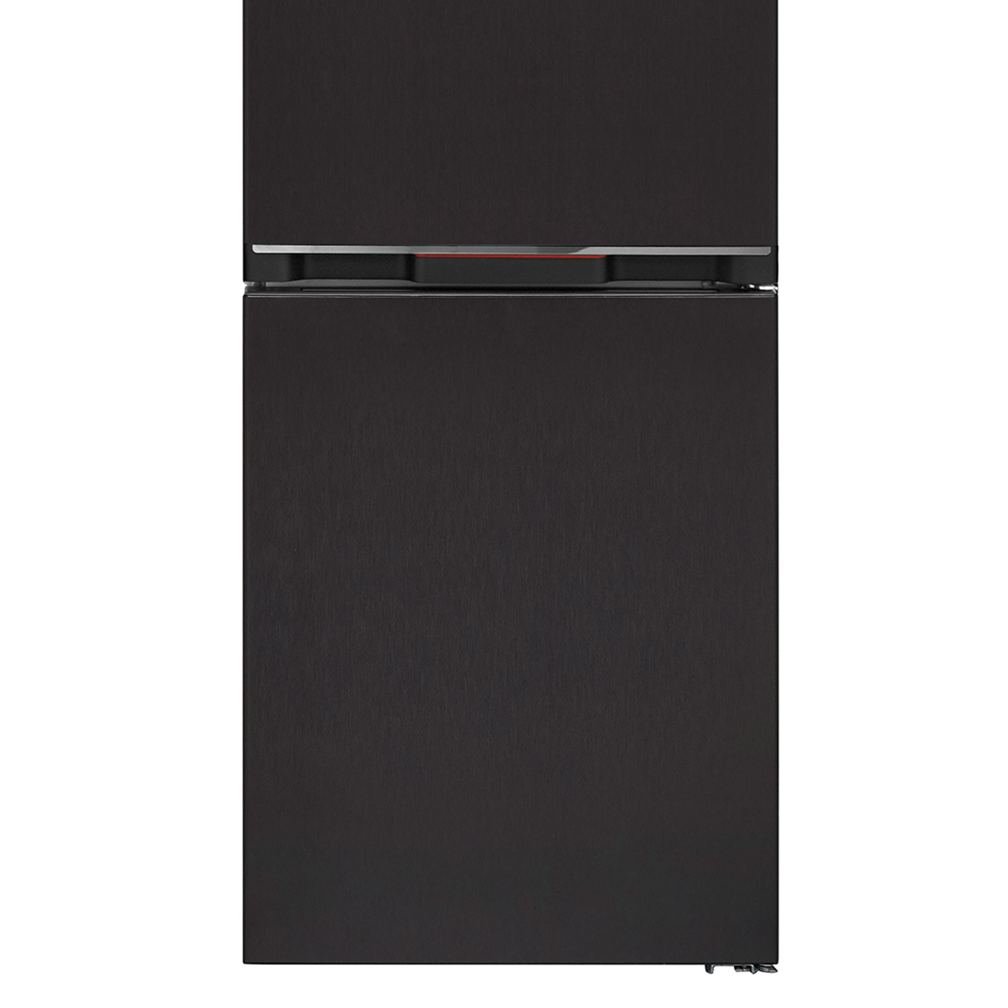 Czarna lodówka z dwiema drzwiami. Górne drzwi są mniejsze od dolnych.