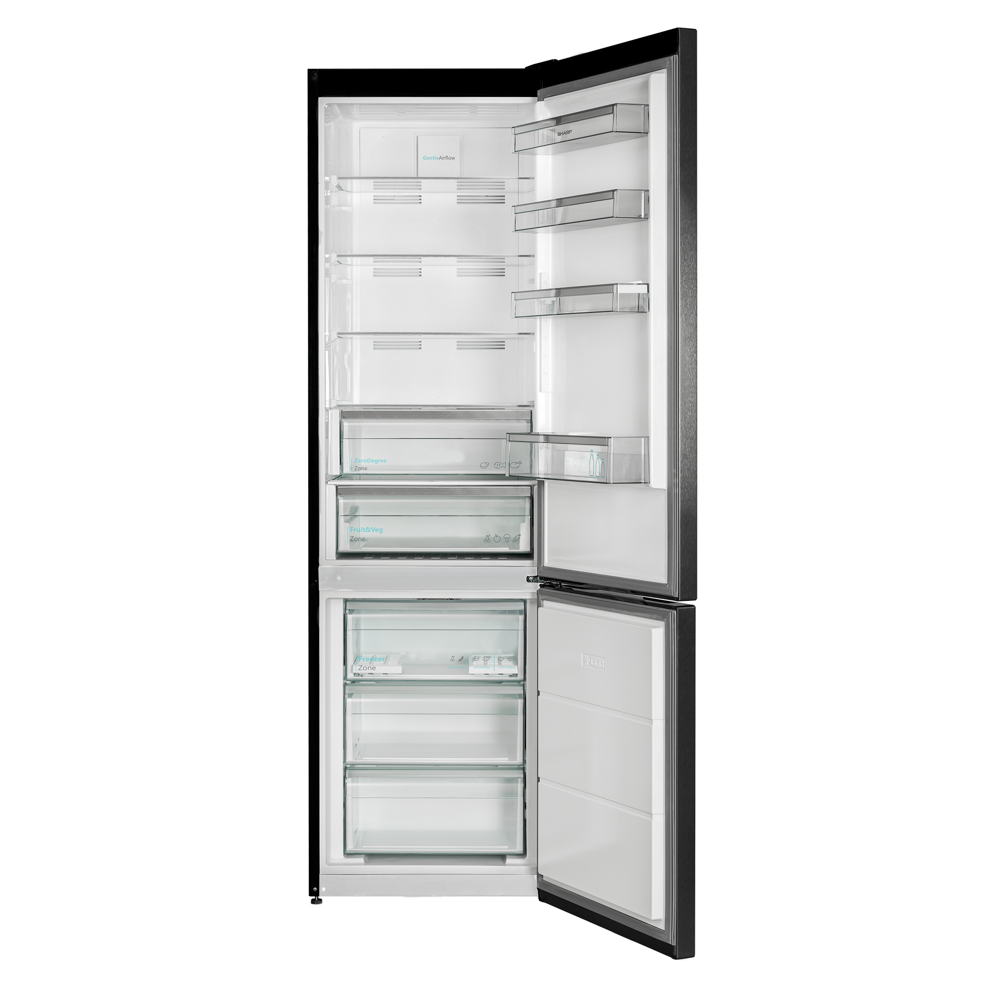 Czarna lodówka z otwartymi drzwiami. Wnętrze z półkami i szufladami, widoczne jedzenie.